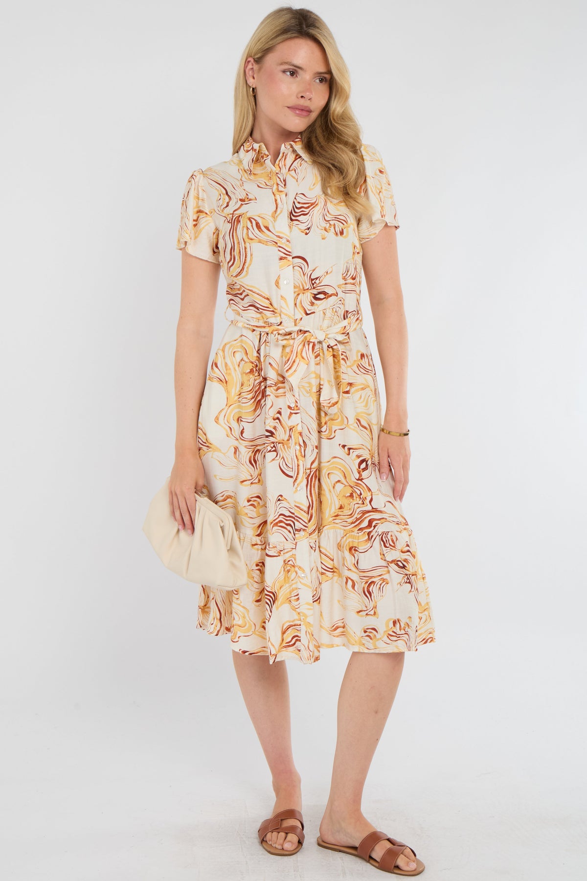 8Pcs Yellow Swirl Print  Frilled Hem Midi Dress
