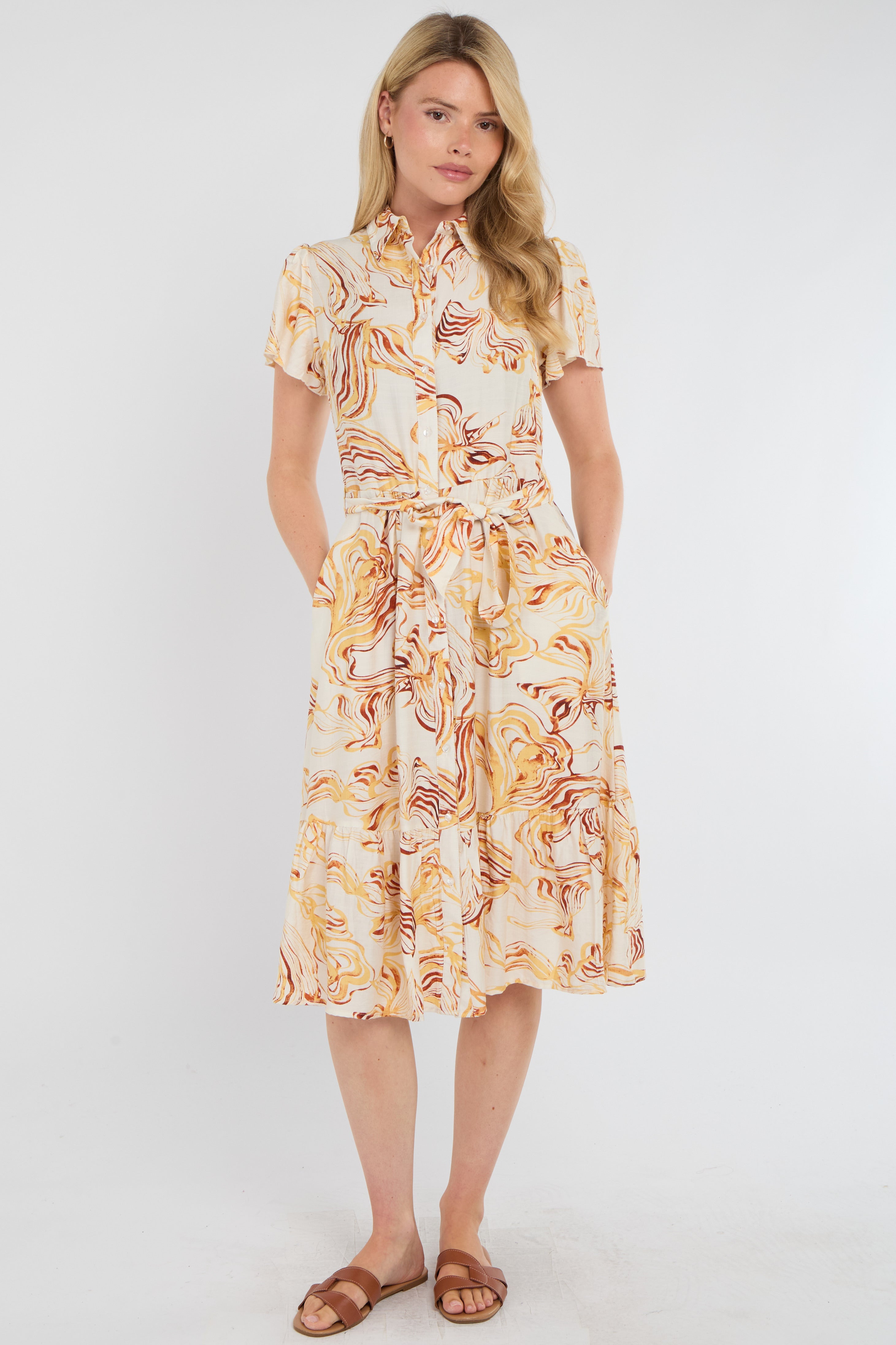 8Pcs Yellow Swirl Print  Frilled Hem Midi Dress