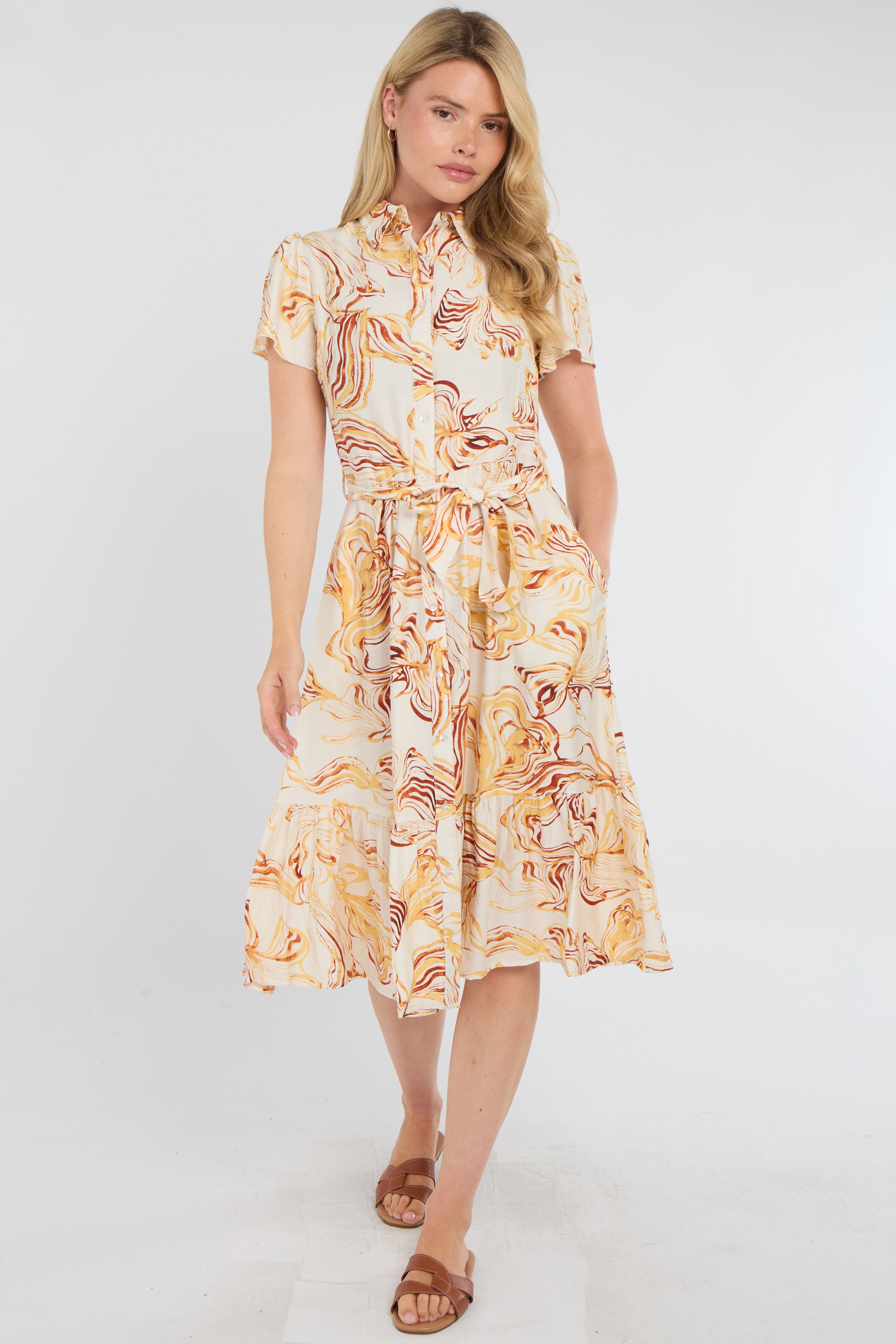8Pcs Yellow Swirl Print  Frilled Hem Midi Dress
