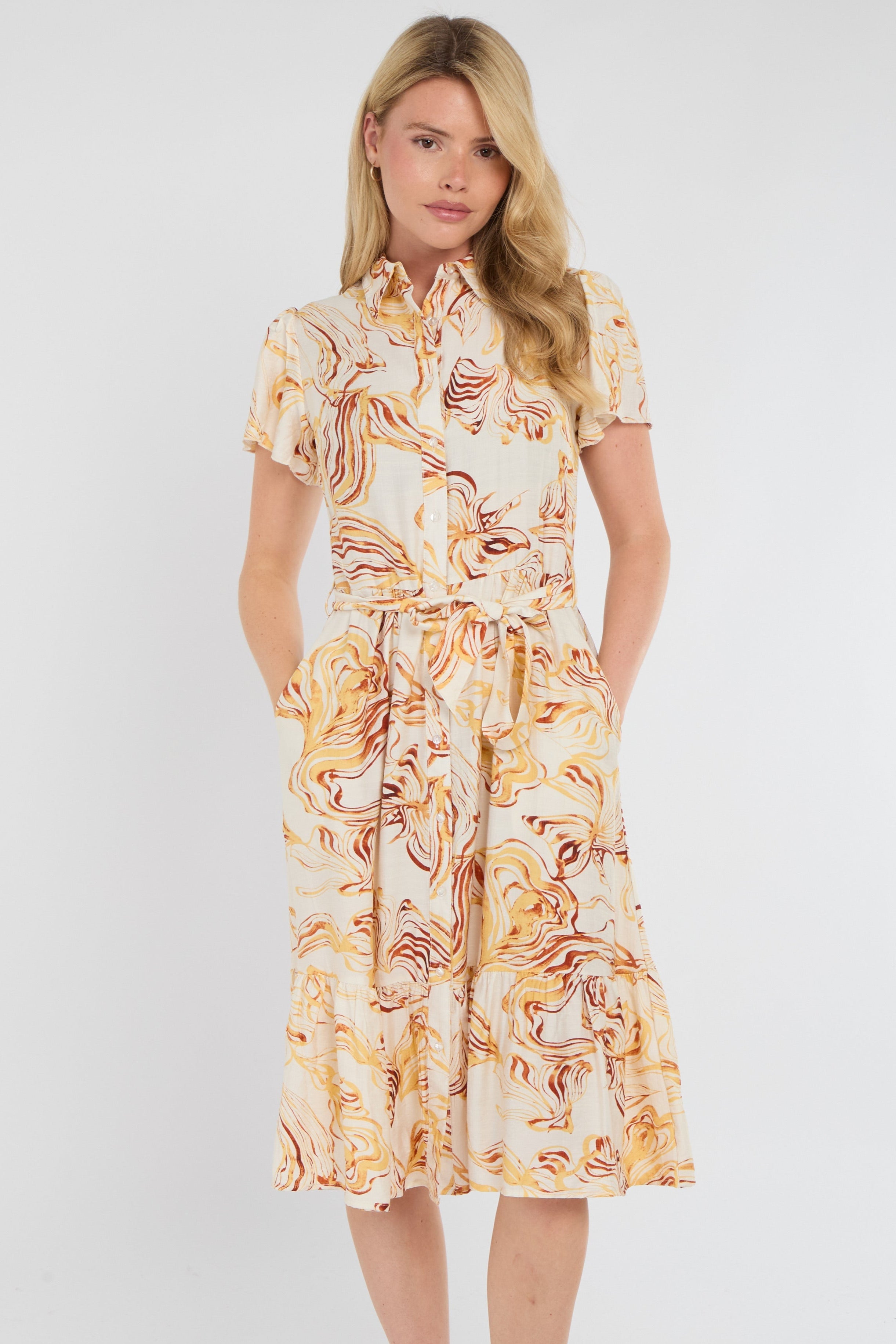 8Pcs Yellow Swirl Print  Frilled Hem Midi Dress