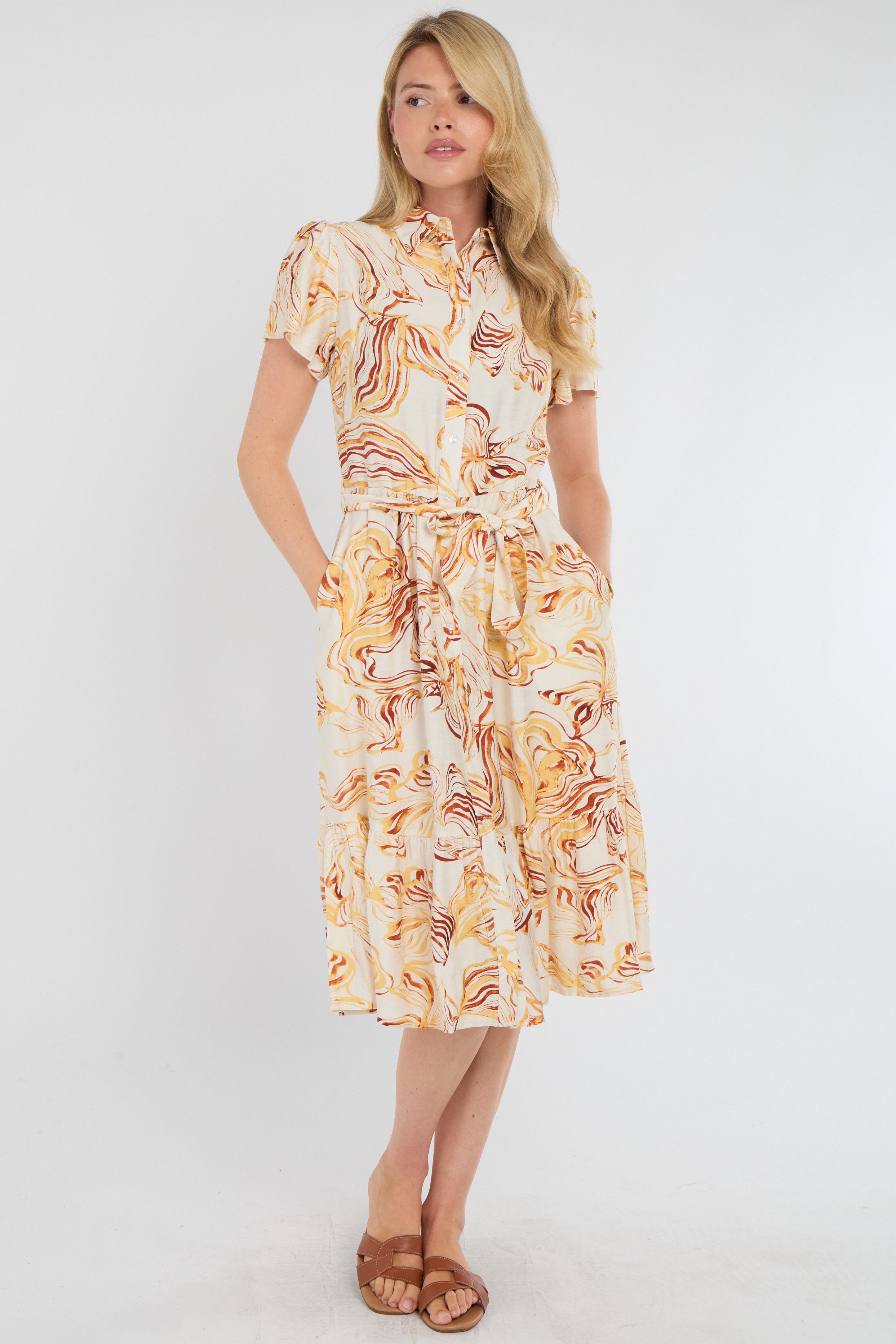 8Pcs Yellow Swirl Print  Frilled Hem Midi Dress