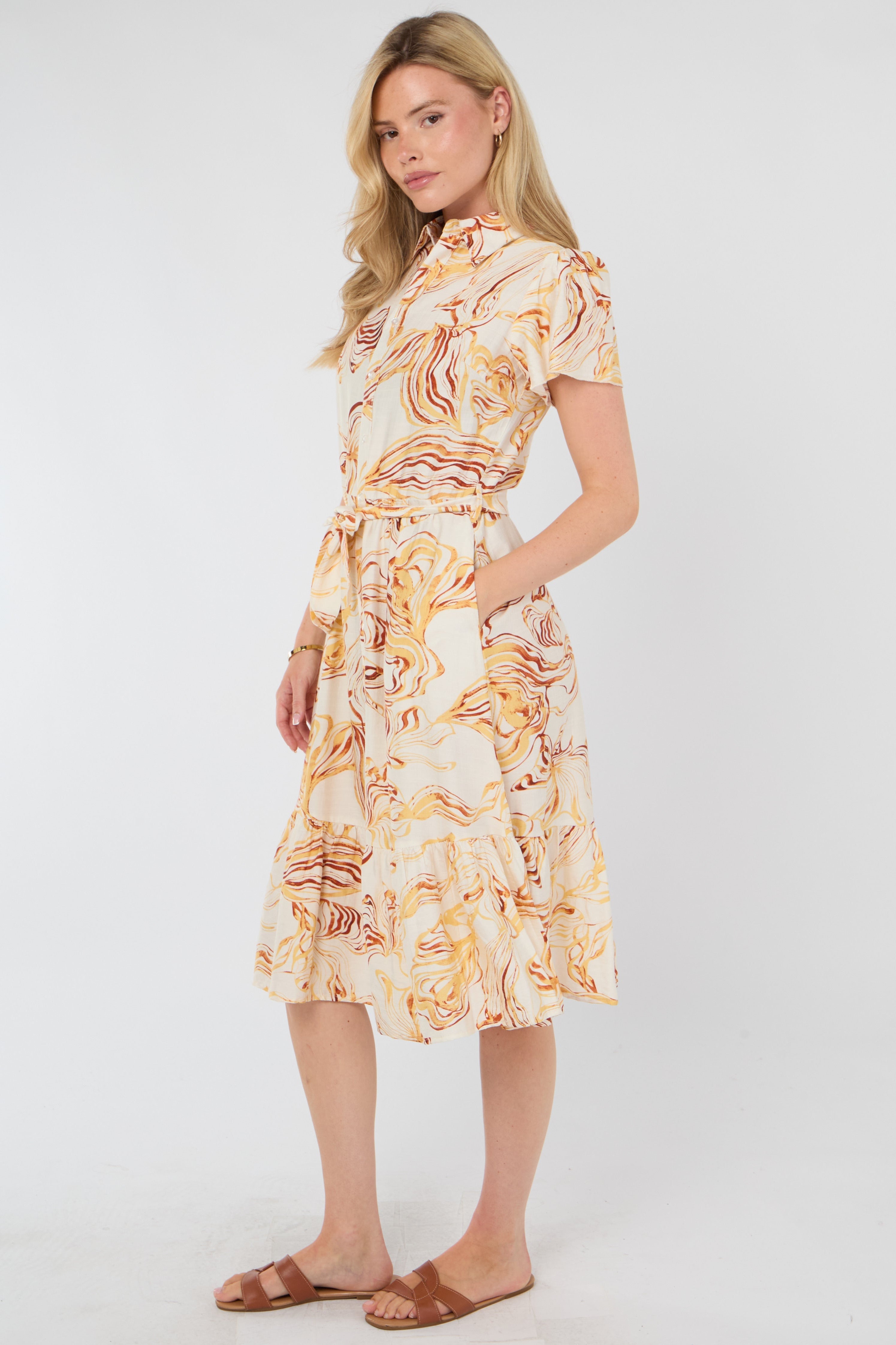 8Pcs Yellow Swirl Print  Frilled Hem Midi Dress