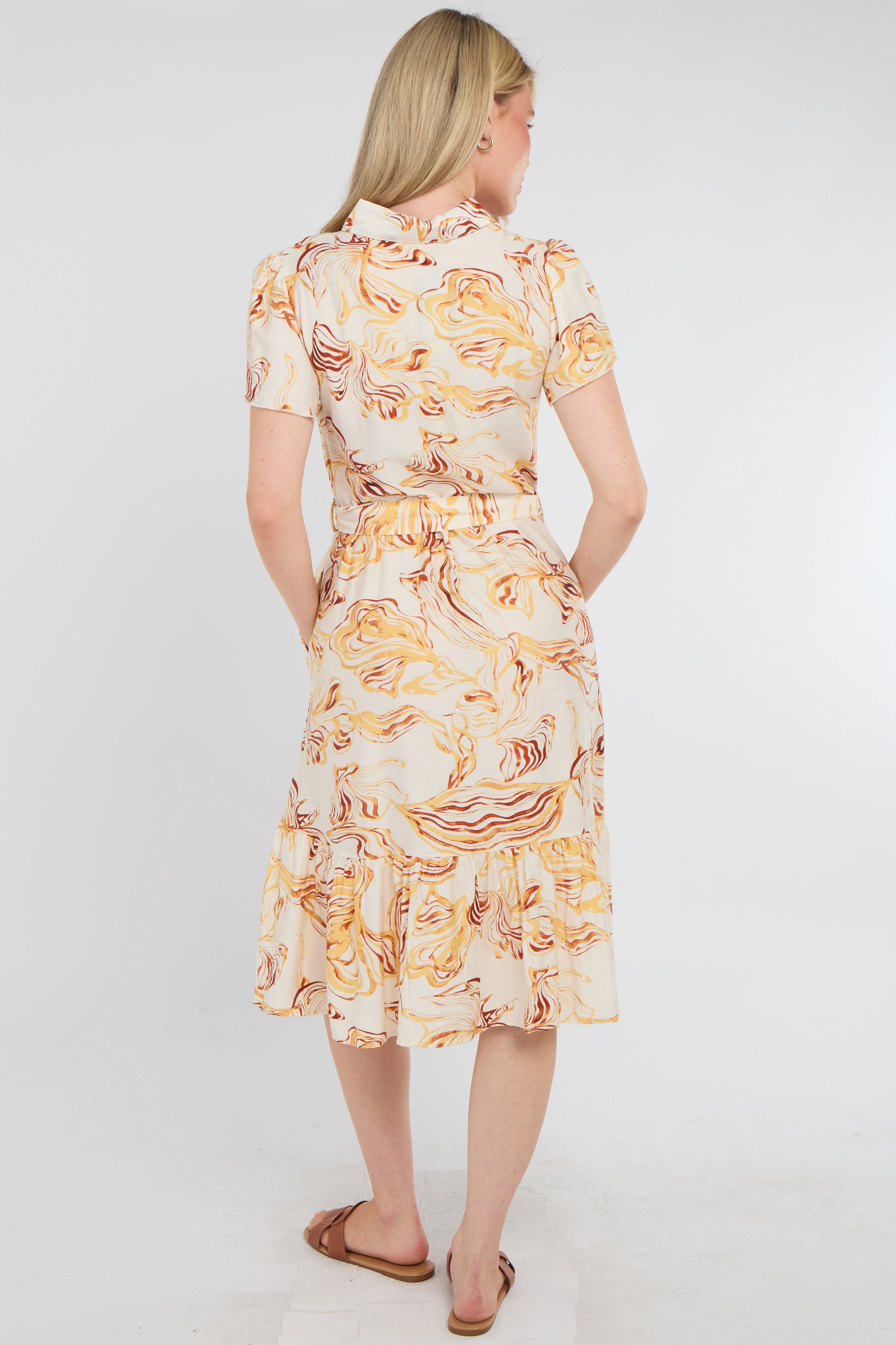 8Pcs Yellow Swirl Print  Frilled Hem Midi Dress