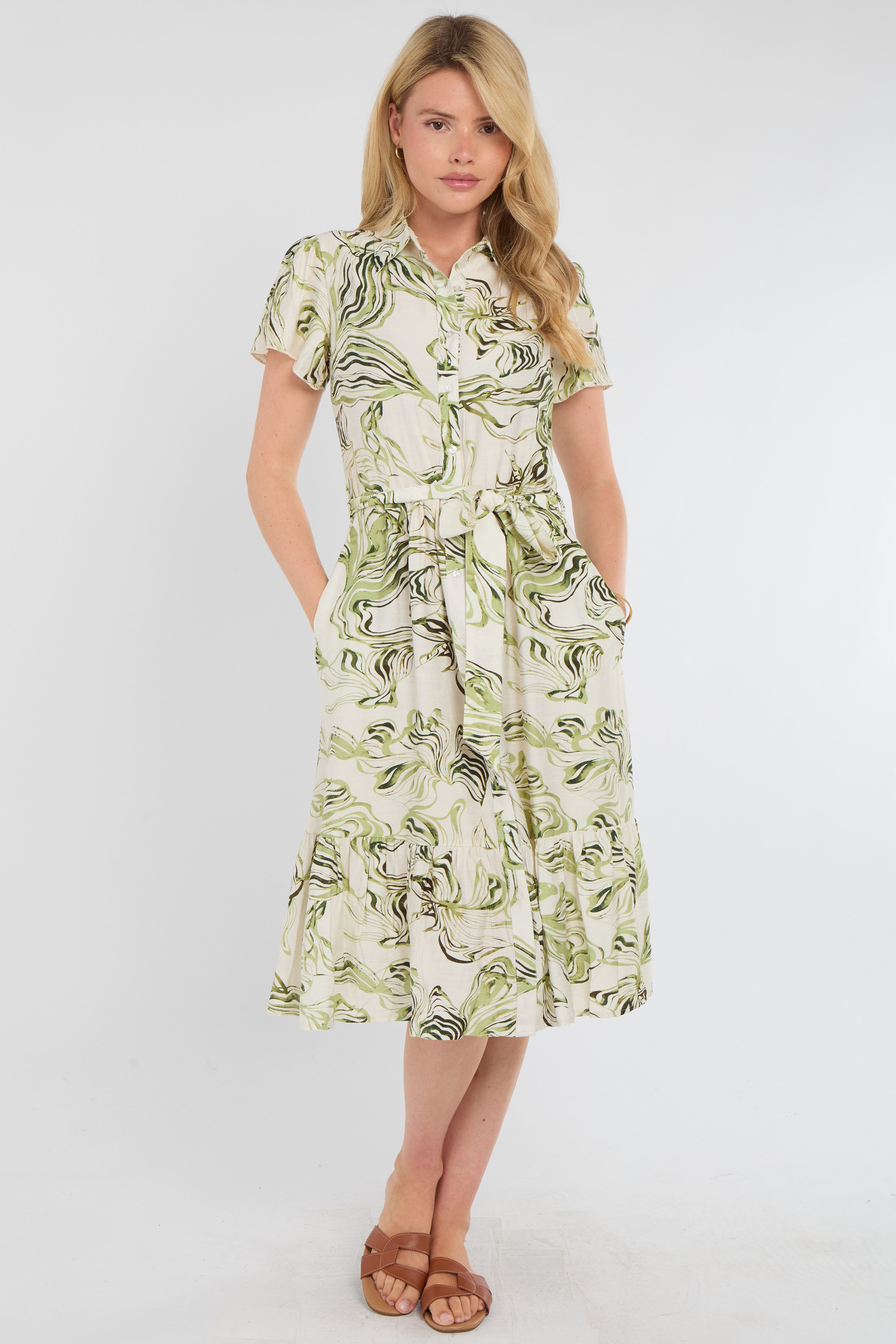8Pcs Green Swirl Print Linen-Blend Frilled Hem Midi Dress