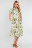 8Pcs Green Swirl Print Linen-Blend Frilled Hem Midi Dress