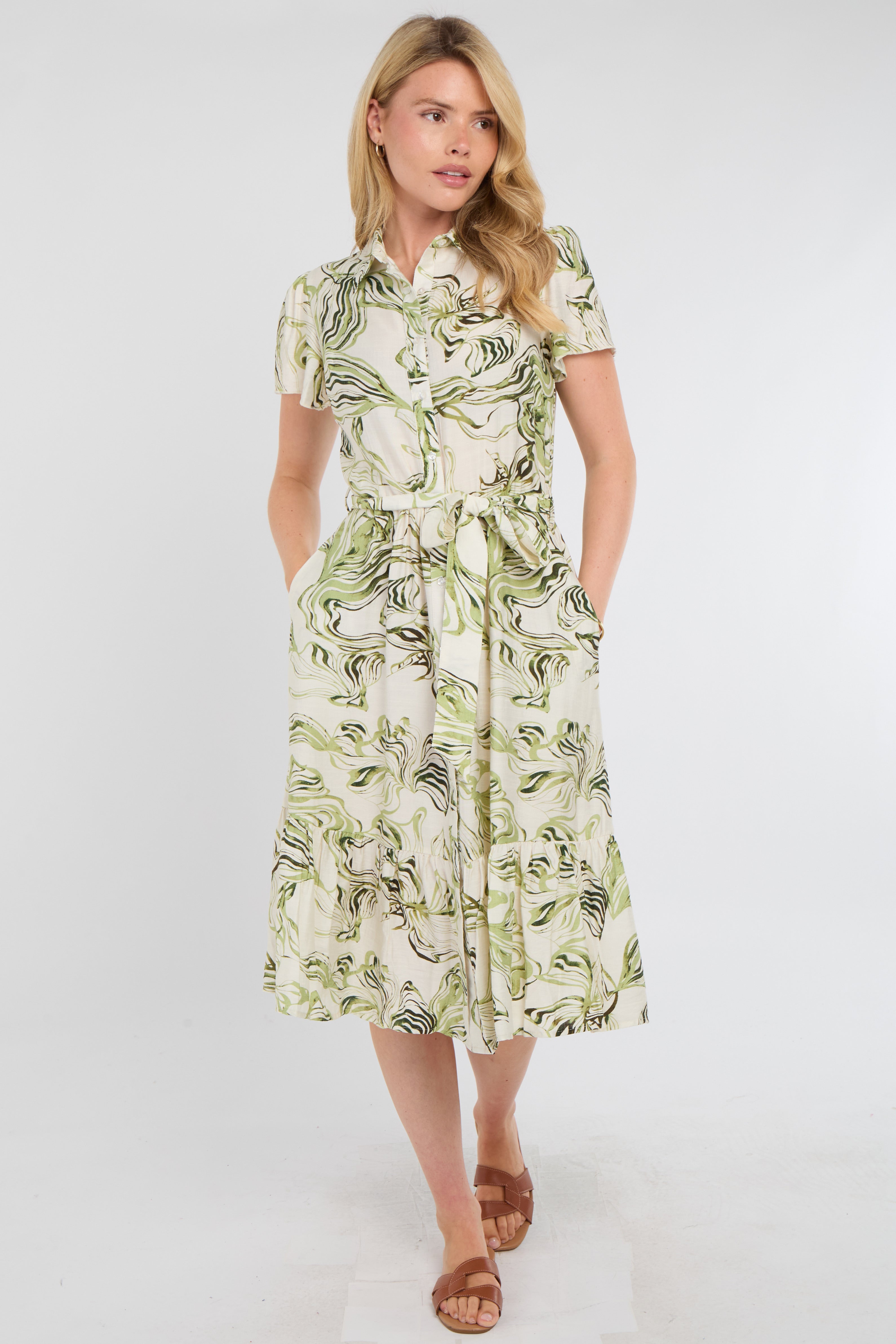 8Pcs Green Swirl Print Linen-Blend Frilled Hem Midi Dress