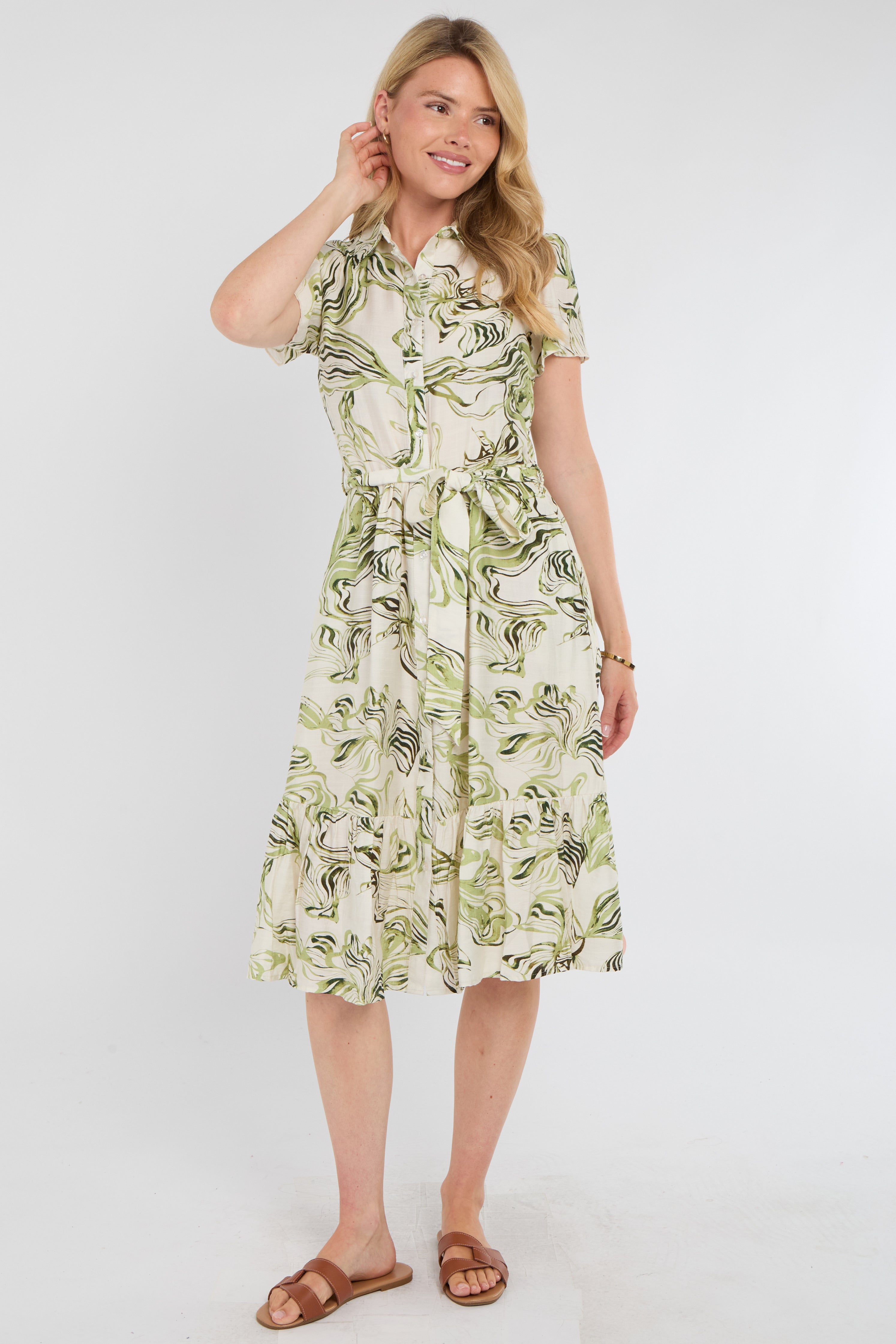 8Pcs Green Swirl Print Linen-Blend Frilled Hem Midi Dress