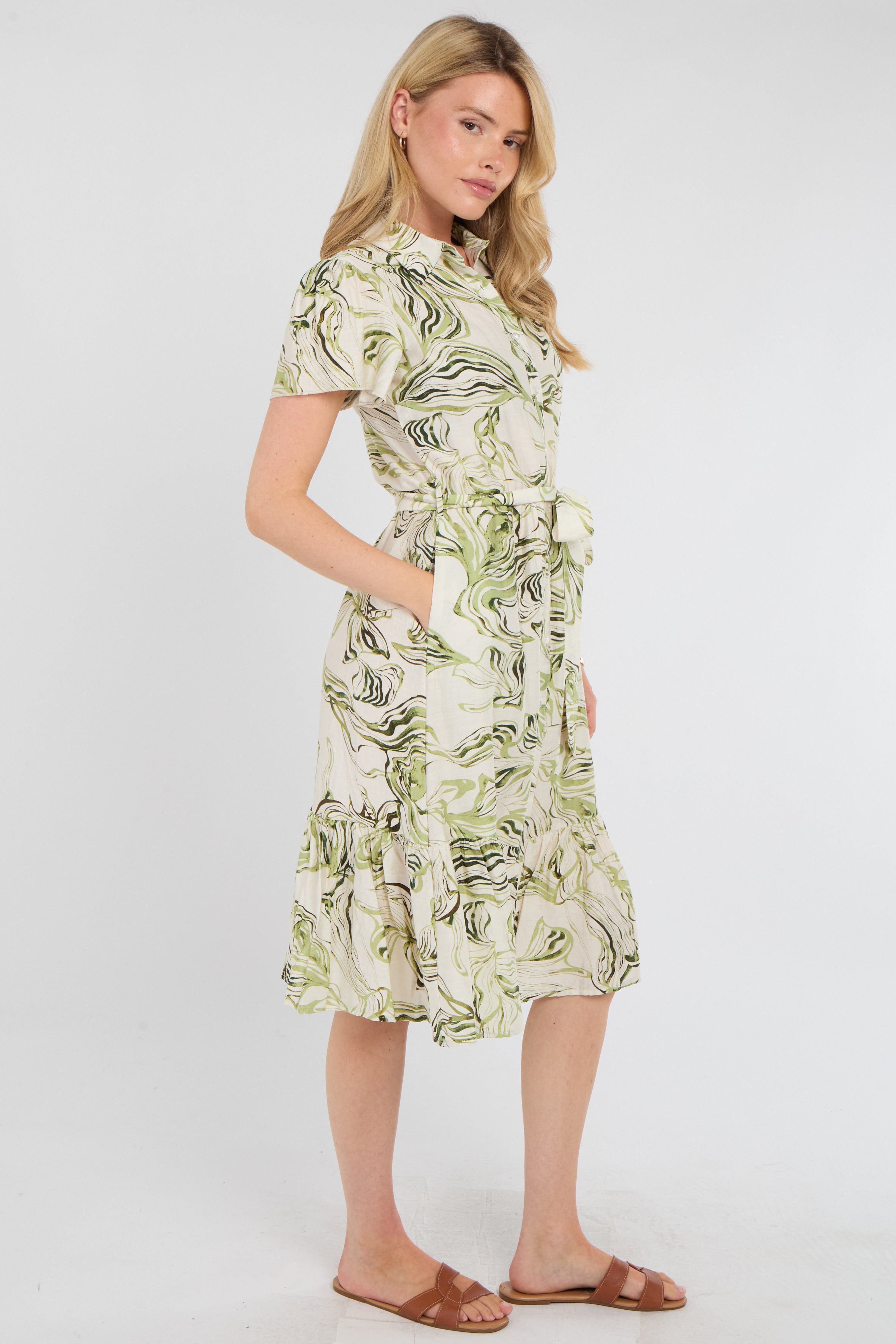8Pcs Green Swirl Print Linen-Blend Frilled Hem Midi Dress