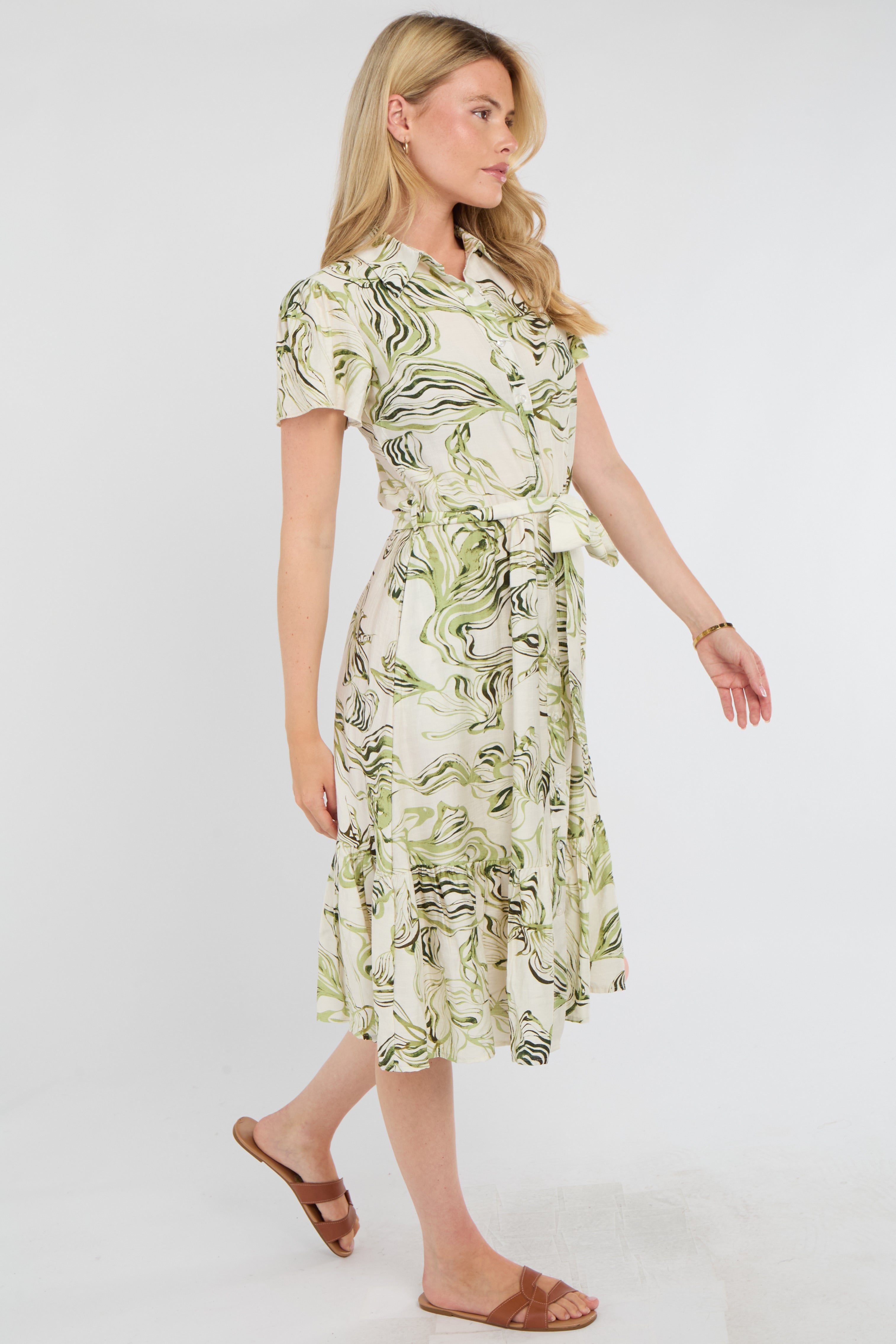 8Pcs Green Swirl Print Linen-Blend Frilled Hem Midi Dress