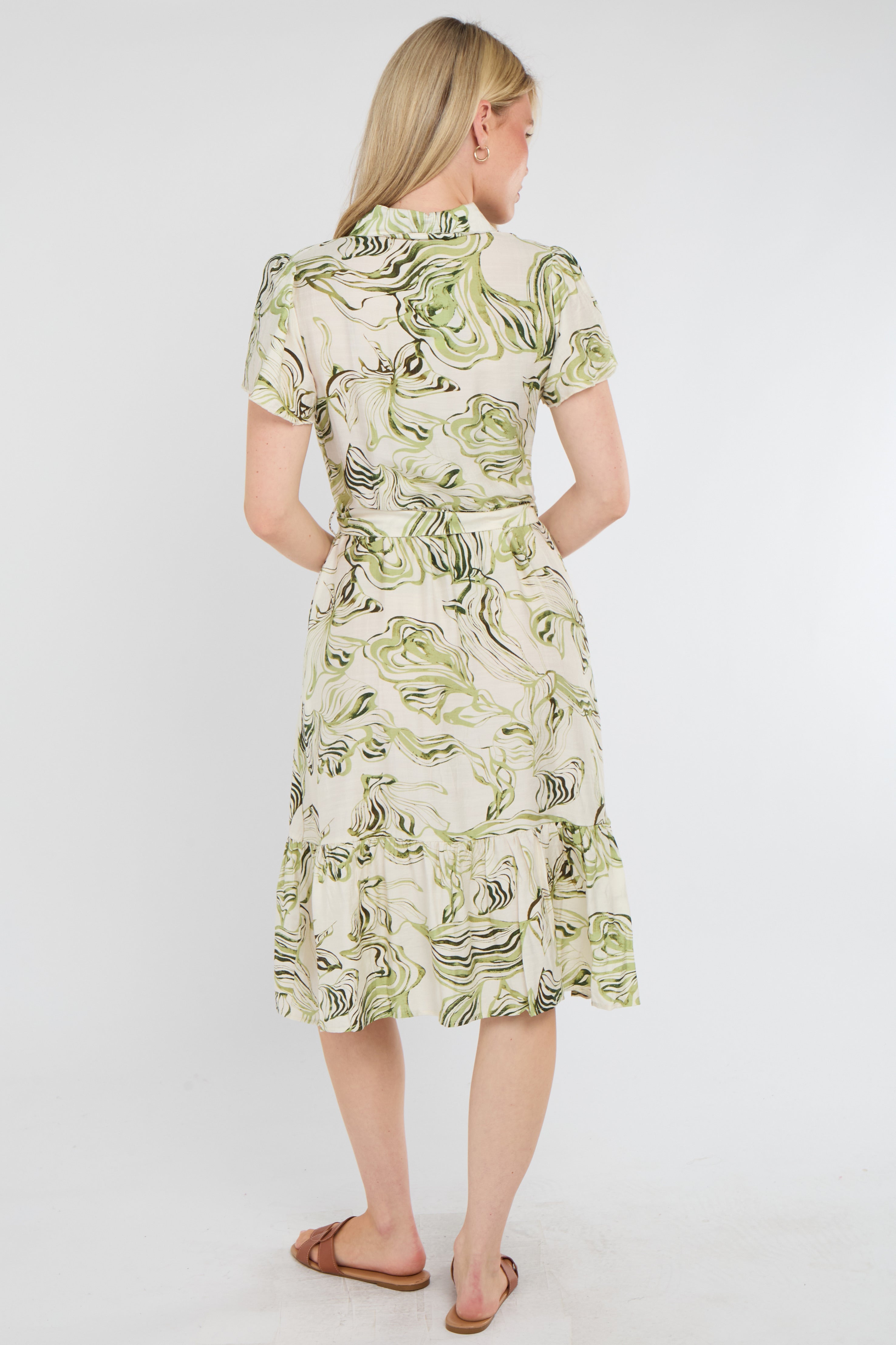 8Pcs Green Swirl Print Linen-Blend Frilled Hem Midi Dress