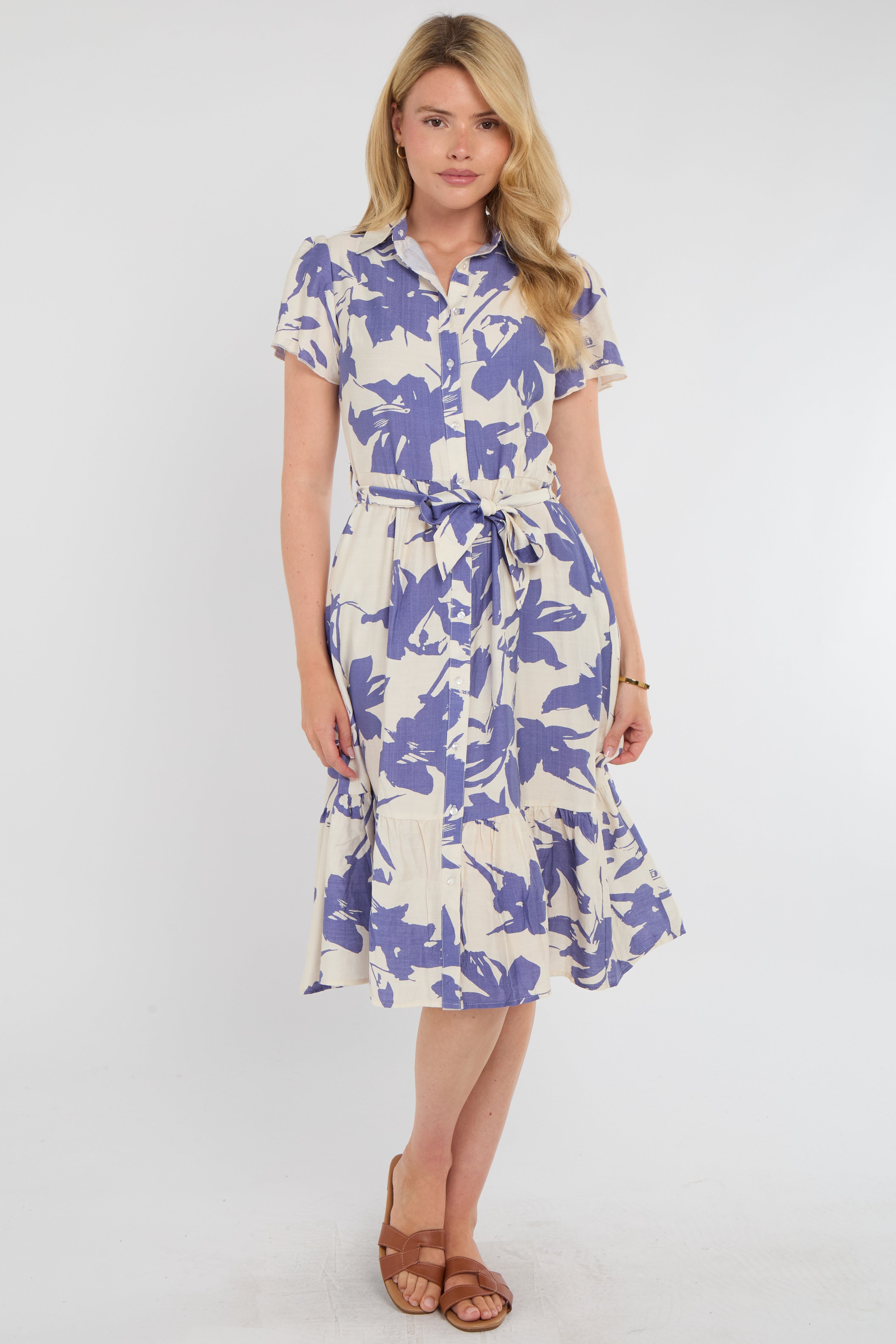 8Pcs Lilac Botanical Leaf Print Tiered Midi Shirt Dress