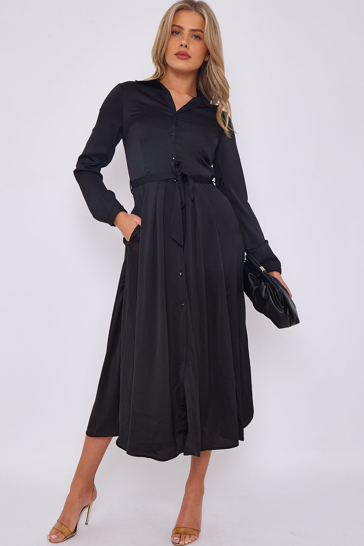 8Pcs Black Layer Satin Plain Midaxi Shirt Dress