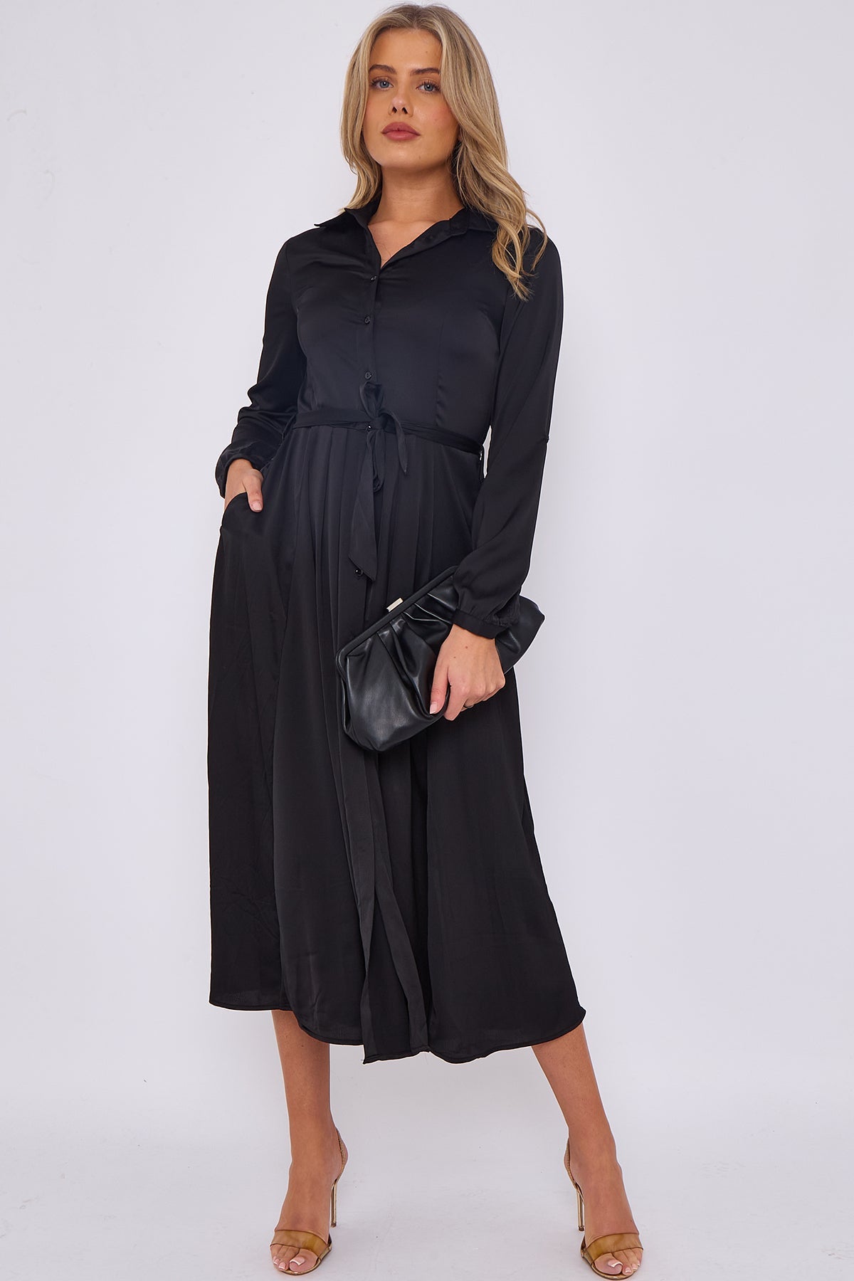 8Pcs Black Layer Satin Plain Midaxi Shirt Dress