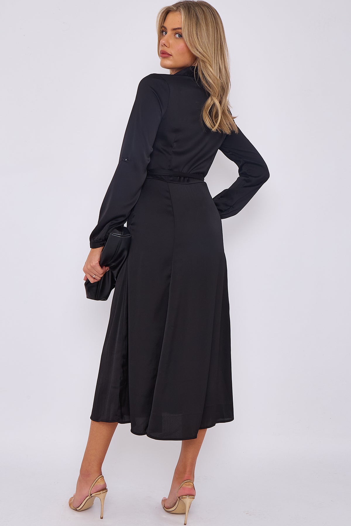 8Pcs Black Layer Satin Plain Midaxi Shirt Dress