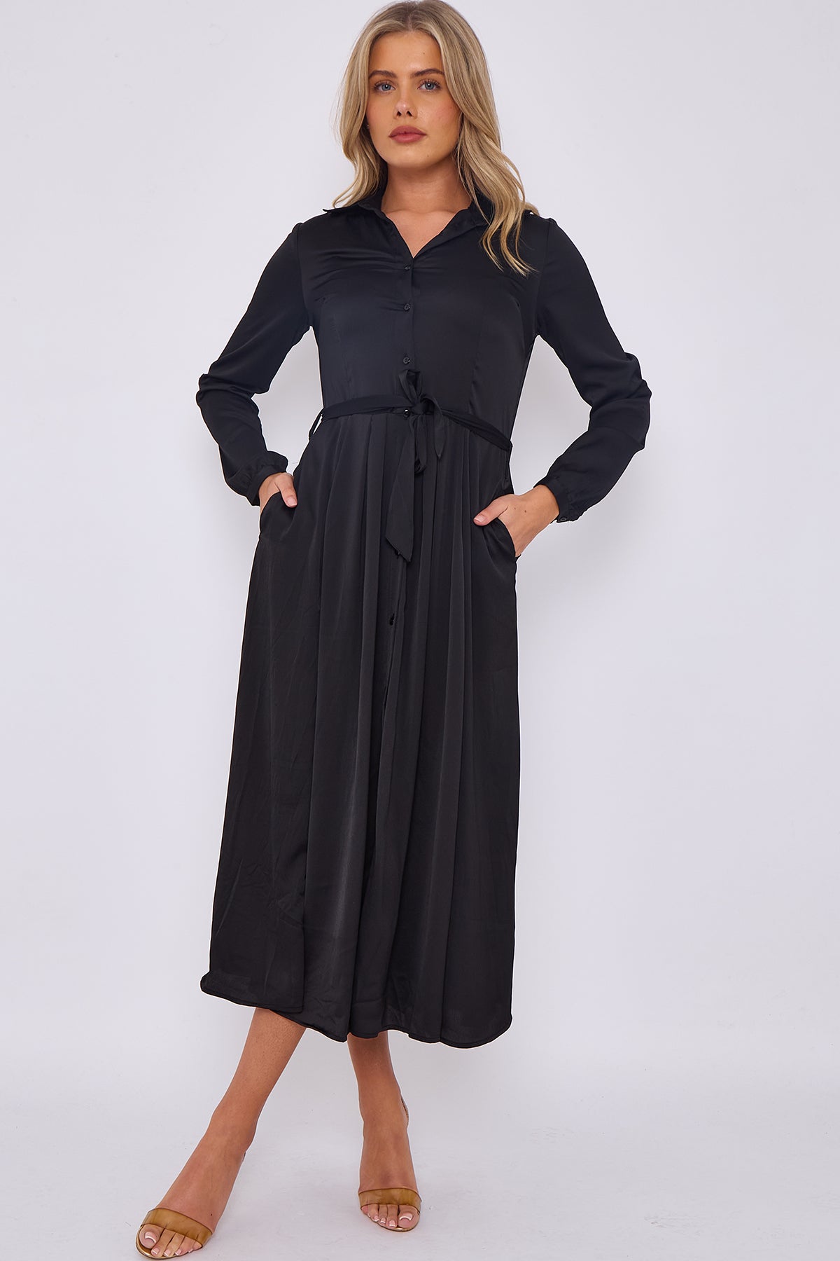 8Pcs Black Layer Satin Plain Midaxi Shirt Dress