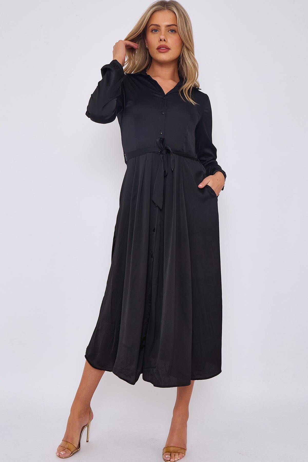 8Pcs Black Layer Satin Plain Midaxi Shirt Dress