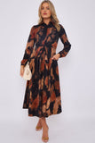 8Pcs Brown Abstract Print Midaxi Shirt Dress
