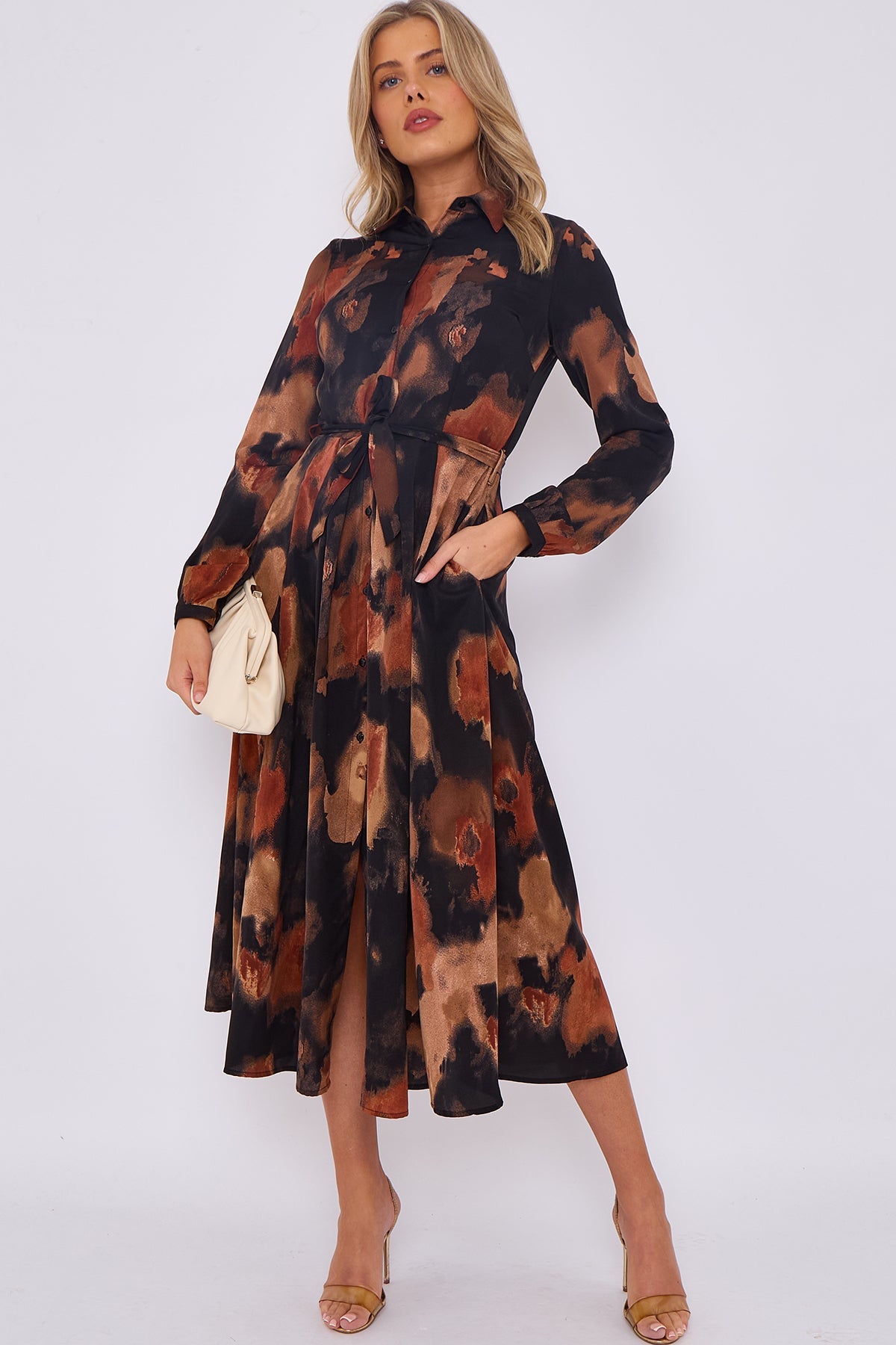 8Pcs Brown Abstract Print Midaxi Shirt Dress