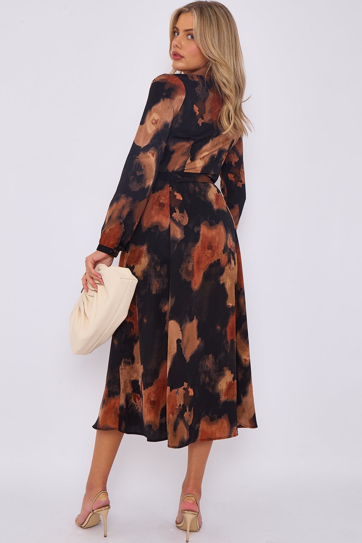 8Pcs Brown Abstract Print Midaxi Shirt Dress