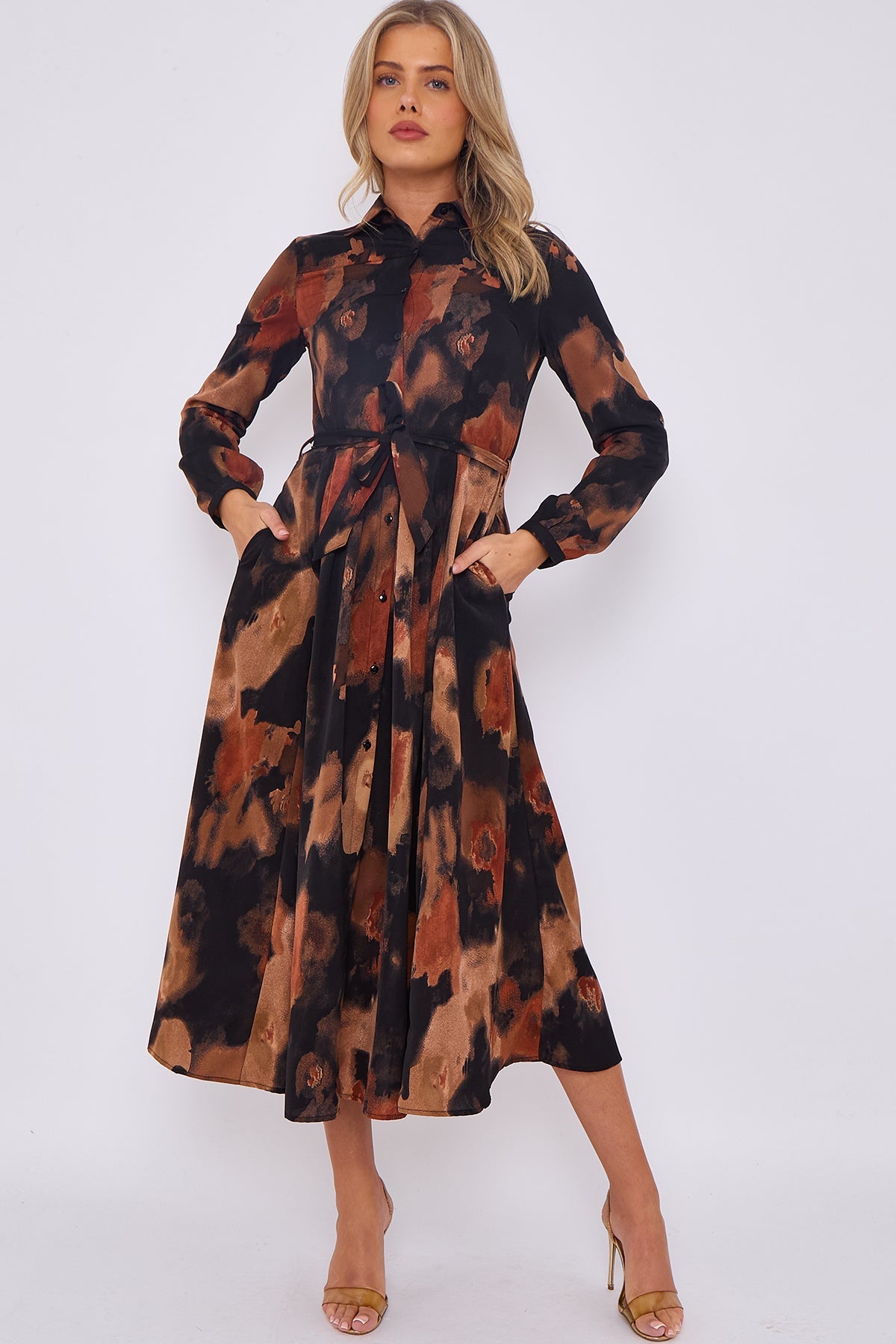 8Pcs Brown Abstract Print Midaxi Shirt Dress