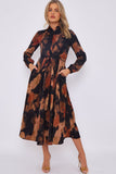 8Pcs Brown Abstract Print Midaxi Shirt Dress