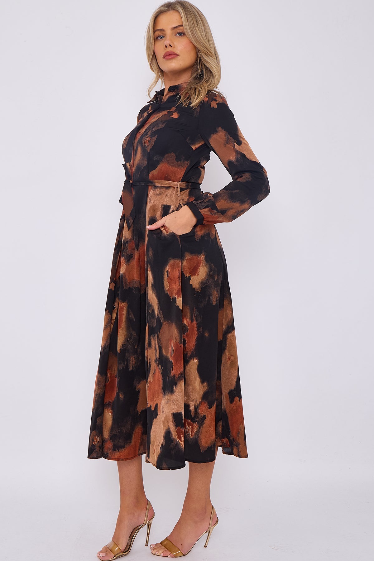 8Pcs Brown Abstract Print Midaxi Shirt Dress