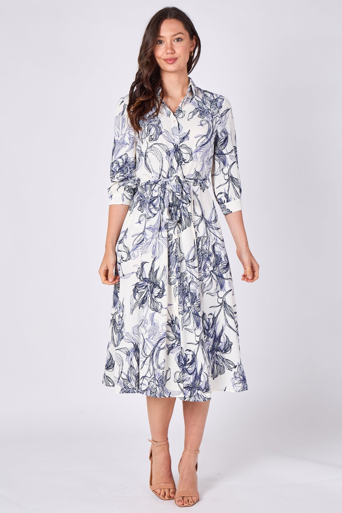 8Pcs Navy Sketch Floral Half Sleeve Midi Shirt Dress