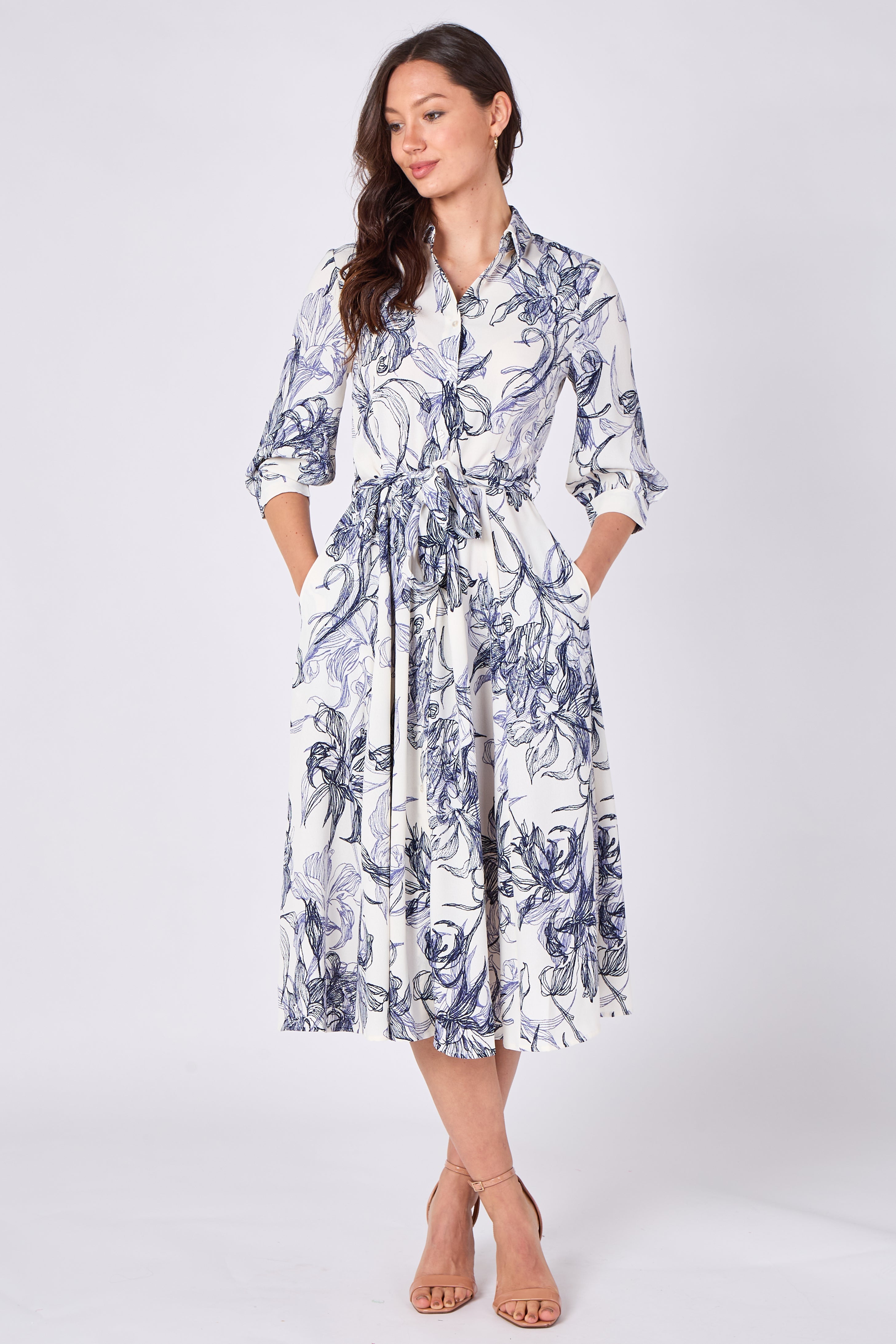 8Pcs Navy Sketch Floral Half Sleeve Midi Shirt Dress