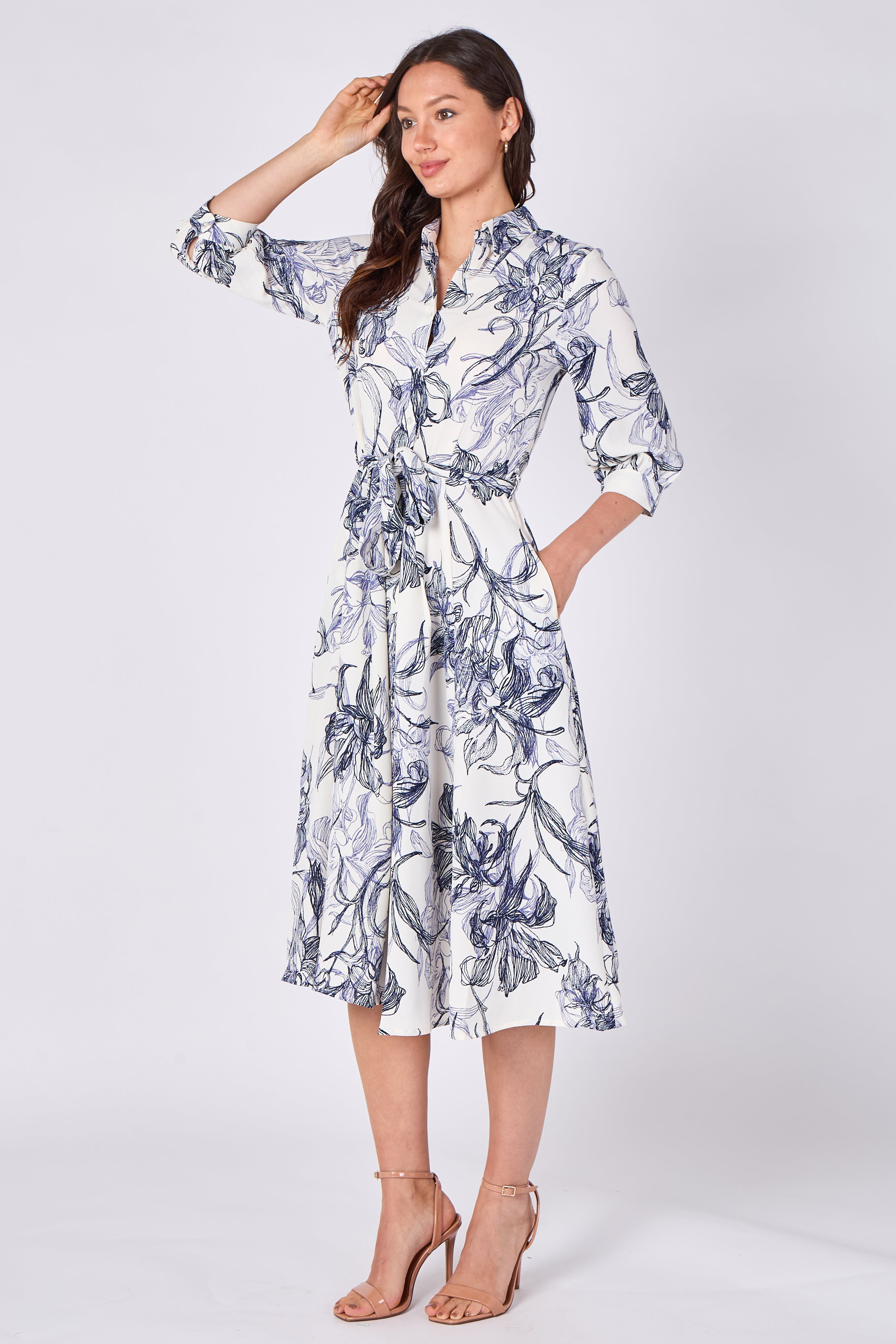 8Pcs Navy Sketch Floral Half Sleeve Midi Shirt Dress