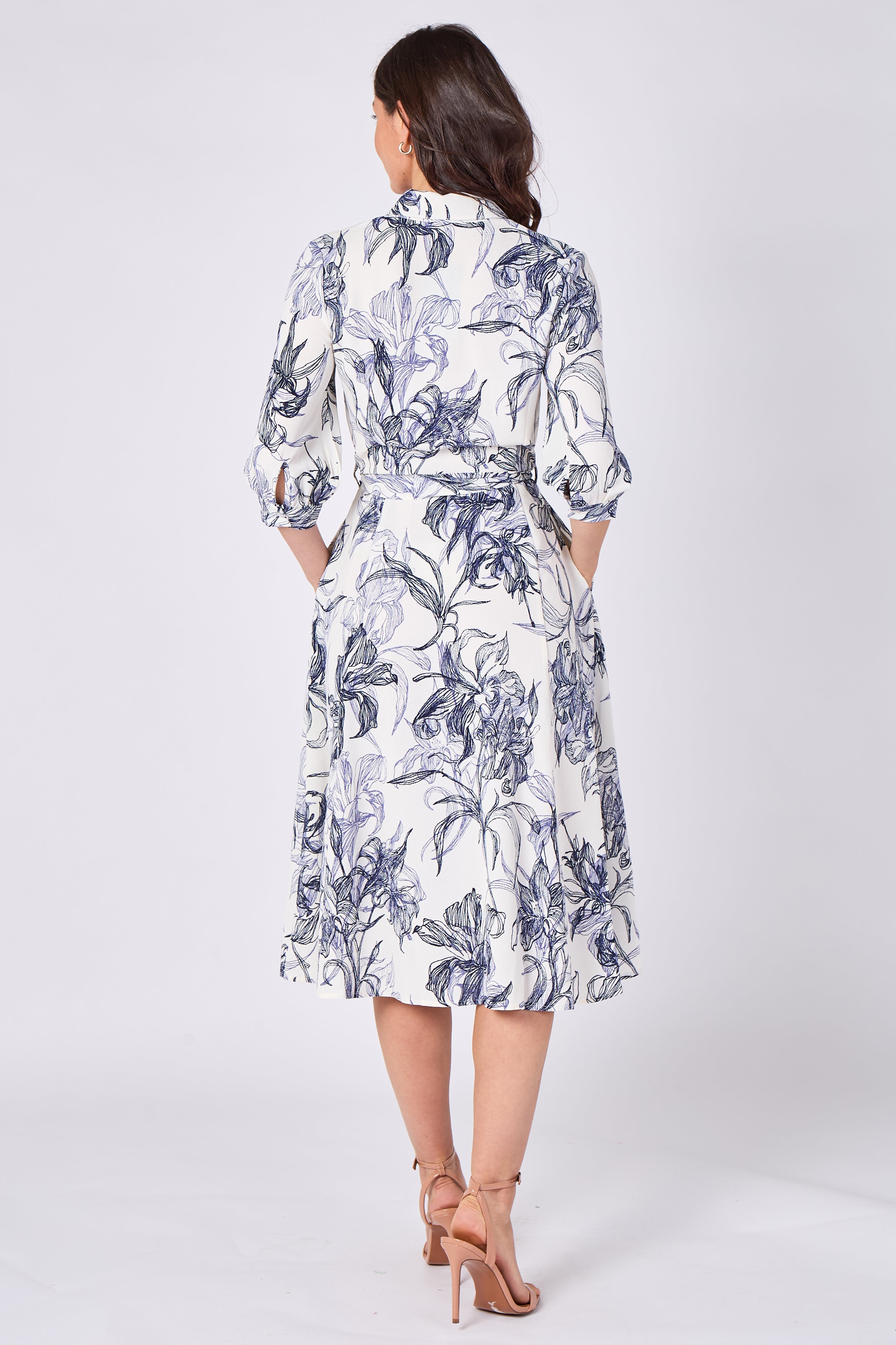 8Pcs Navy Sketch Floral Half Sleeve Midi Shirt Dress