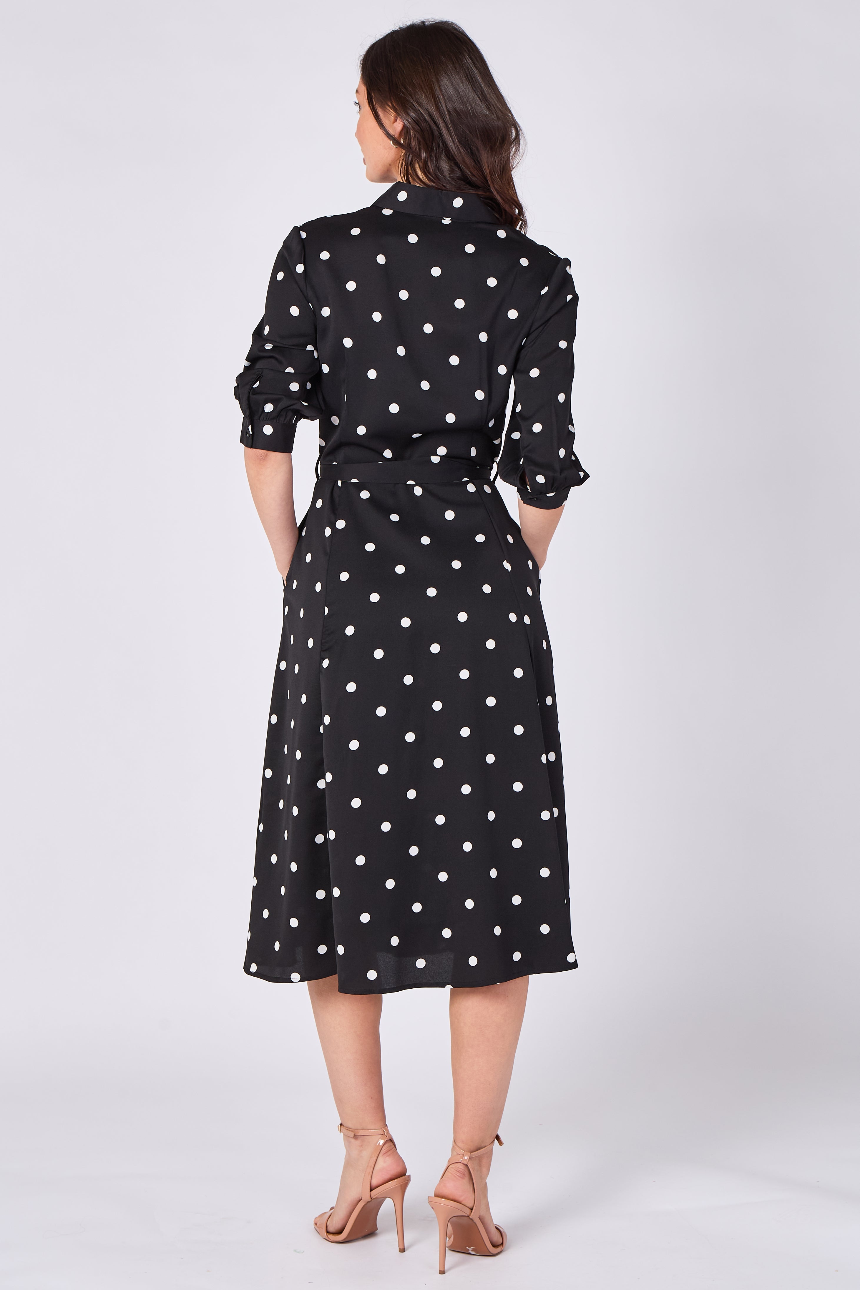8Pcs Black Polka Dot Half Sleeve Midi Shirt Dress