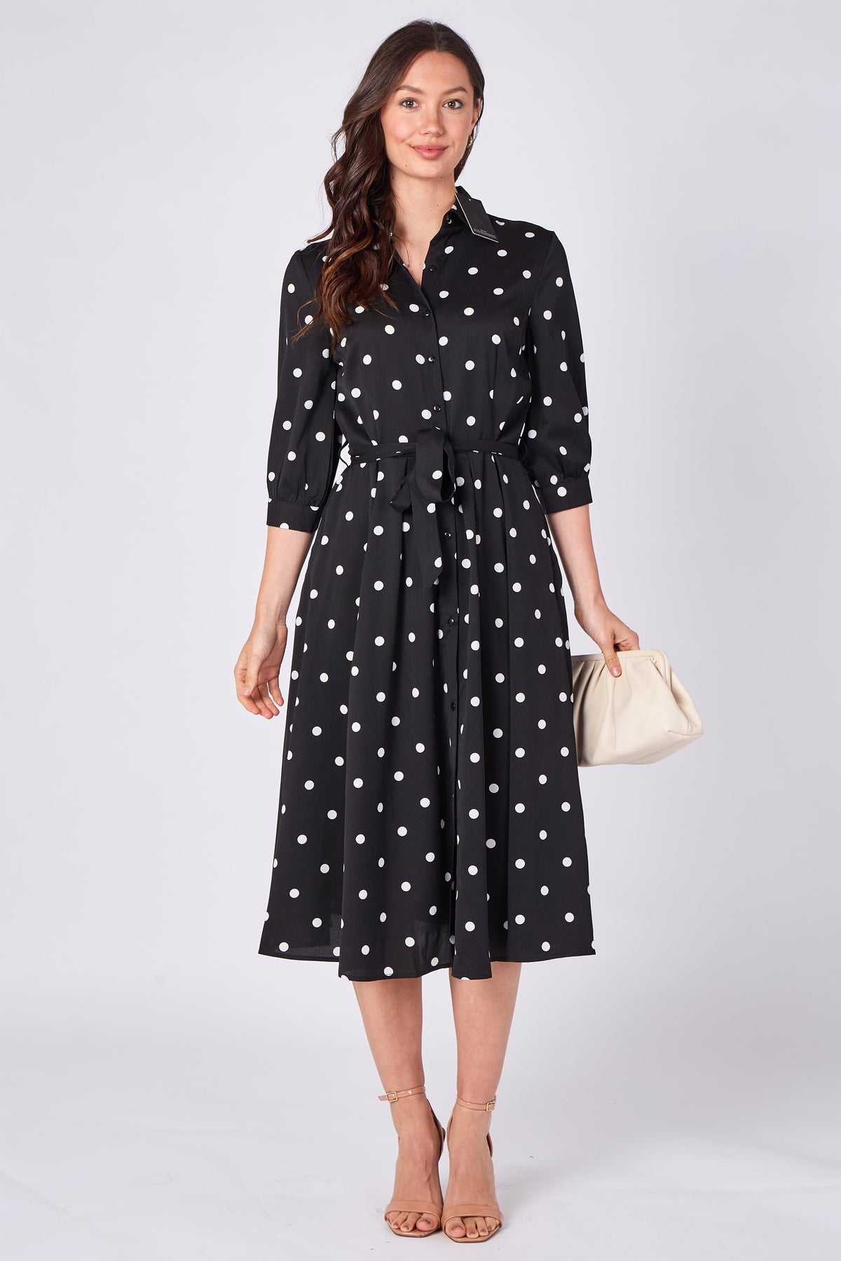 8Pcs Black Polka Dot Half Sleeve Midi Shirt Dress