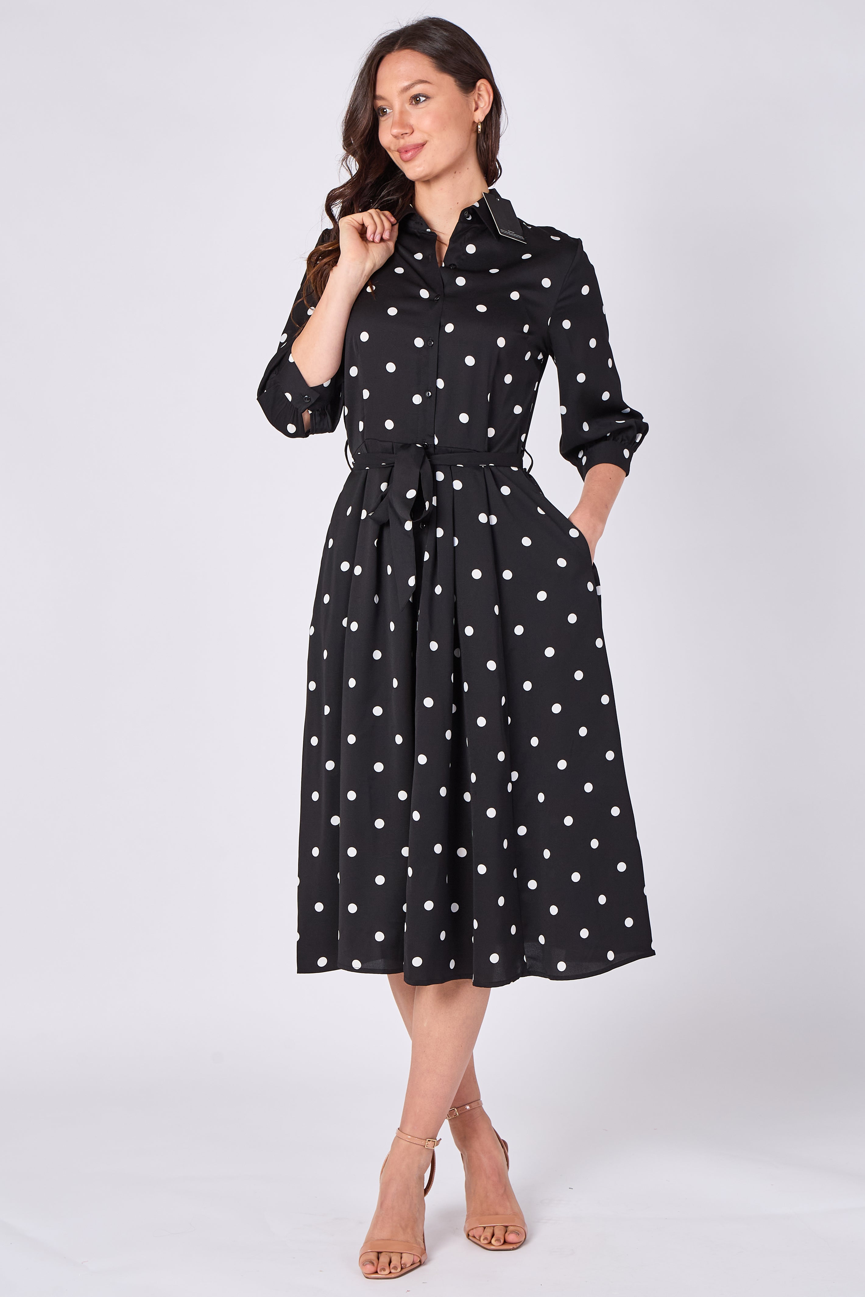 8Pcs Black Polka Dot Half Sleeve Midi Shirt Dress