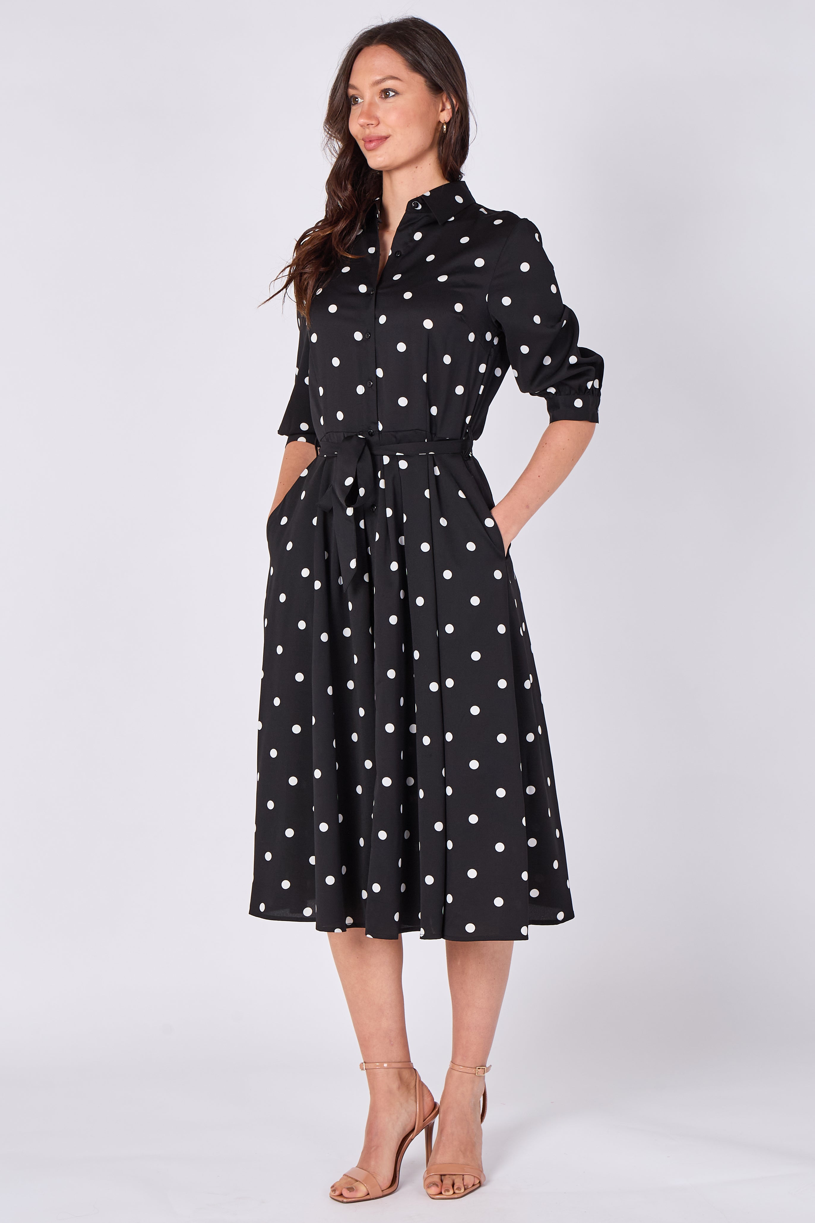 8Pcs Black Polka Dot Half Sleeve Midi Shirt Dress