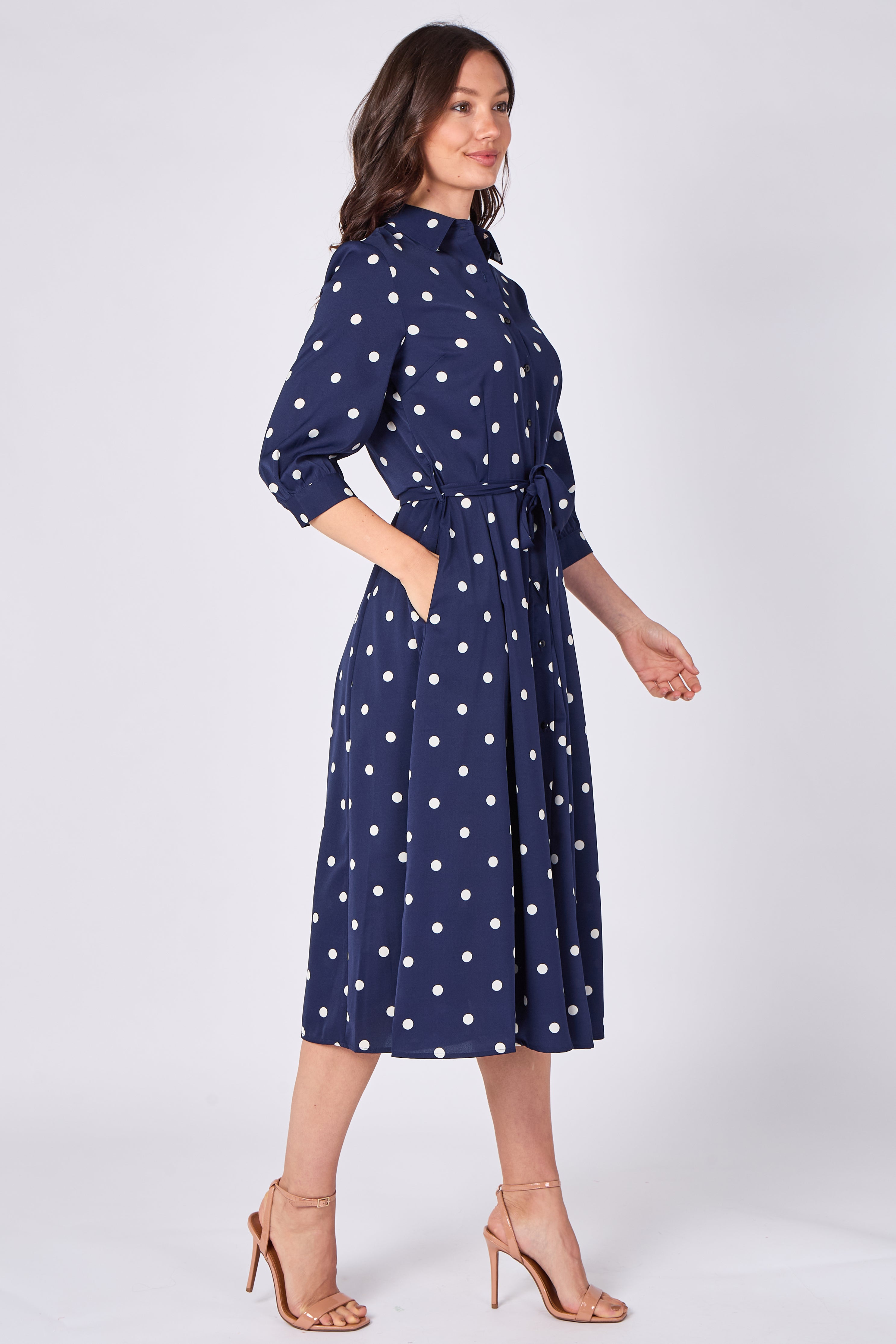 8Pcs Navy Polka Dot Half Sleeve Midi Shirt Dress