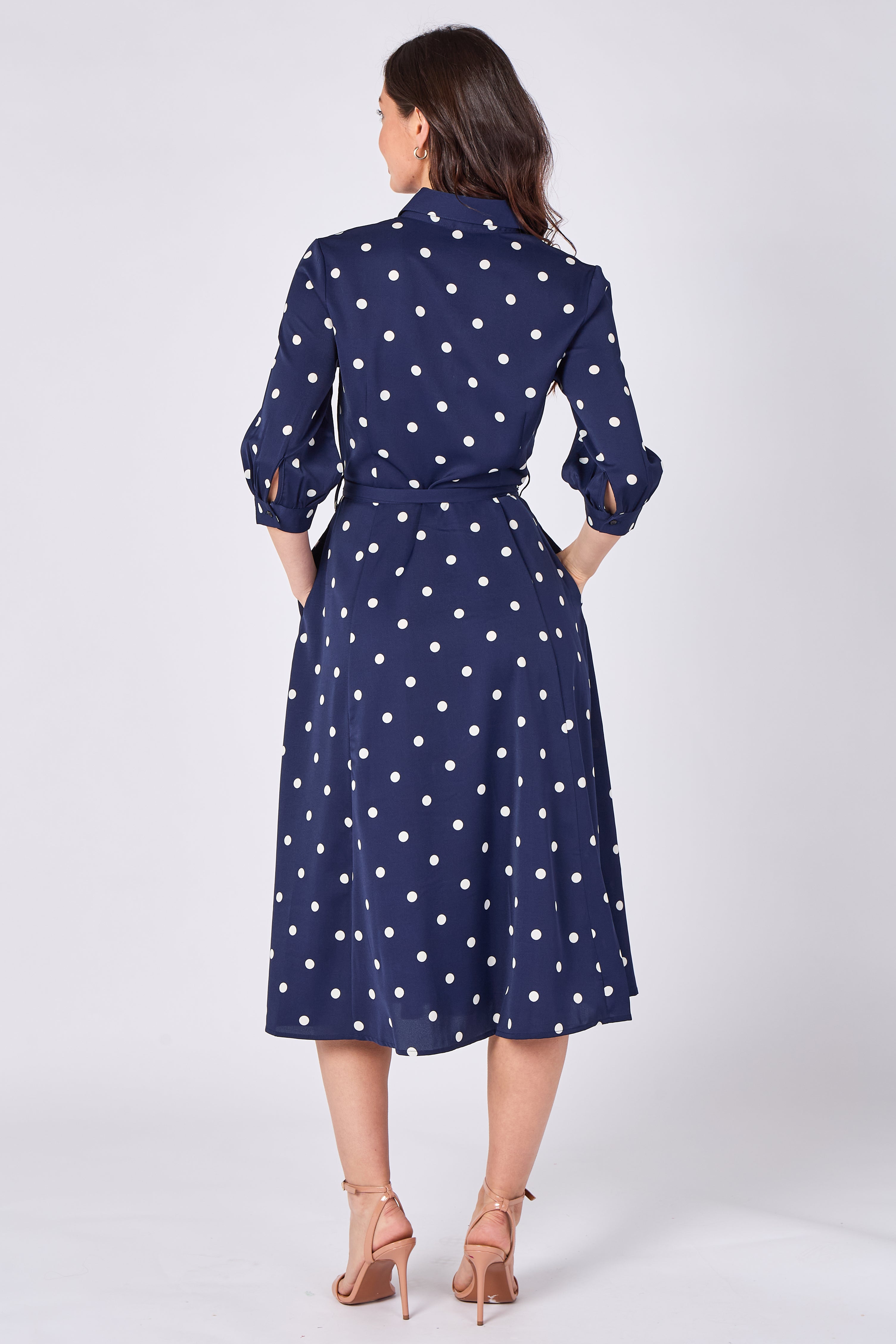8Pcs Navy Polka Dot Half Sleeve Midi Shirt Dress