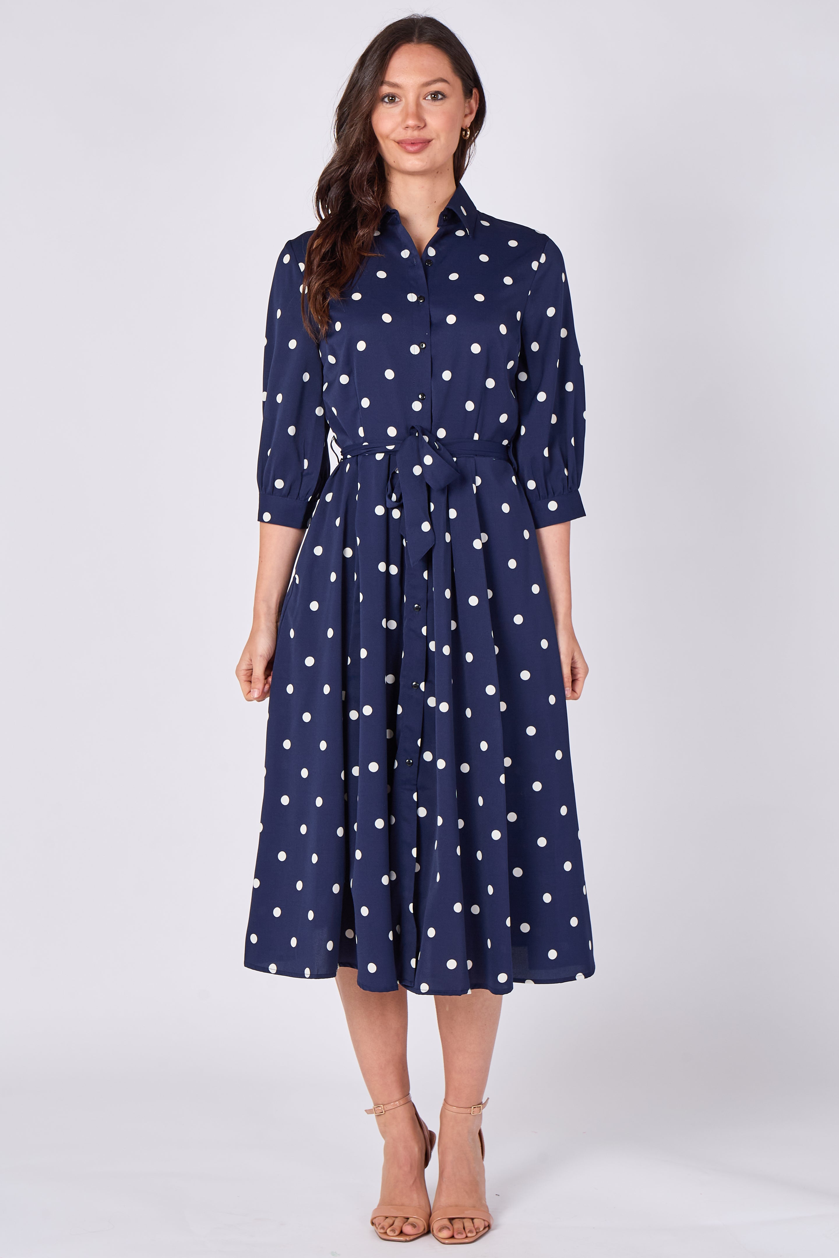 8Pcs Navy Polka Dot Half Sleeve Midi Shirt Dress