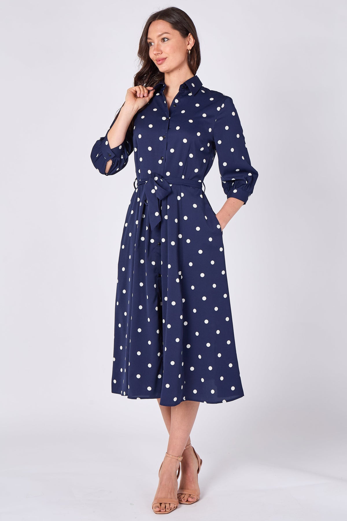8Pcs Navy Polka Dot Half Sleeve Midi Shirt Dress