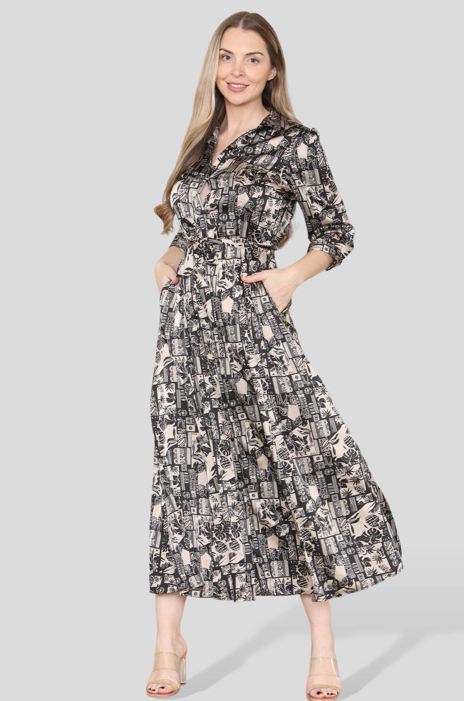 Love Sunshine Mono Mixed Scarf Print Maxi Shirt Dress LS-2280