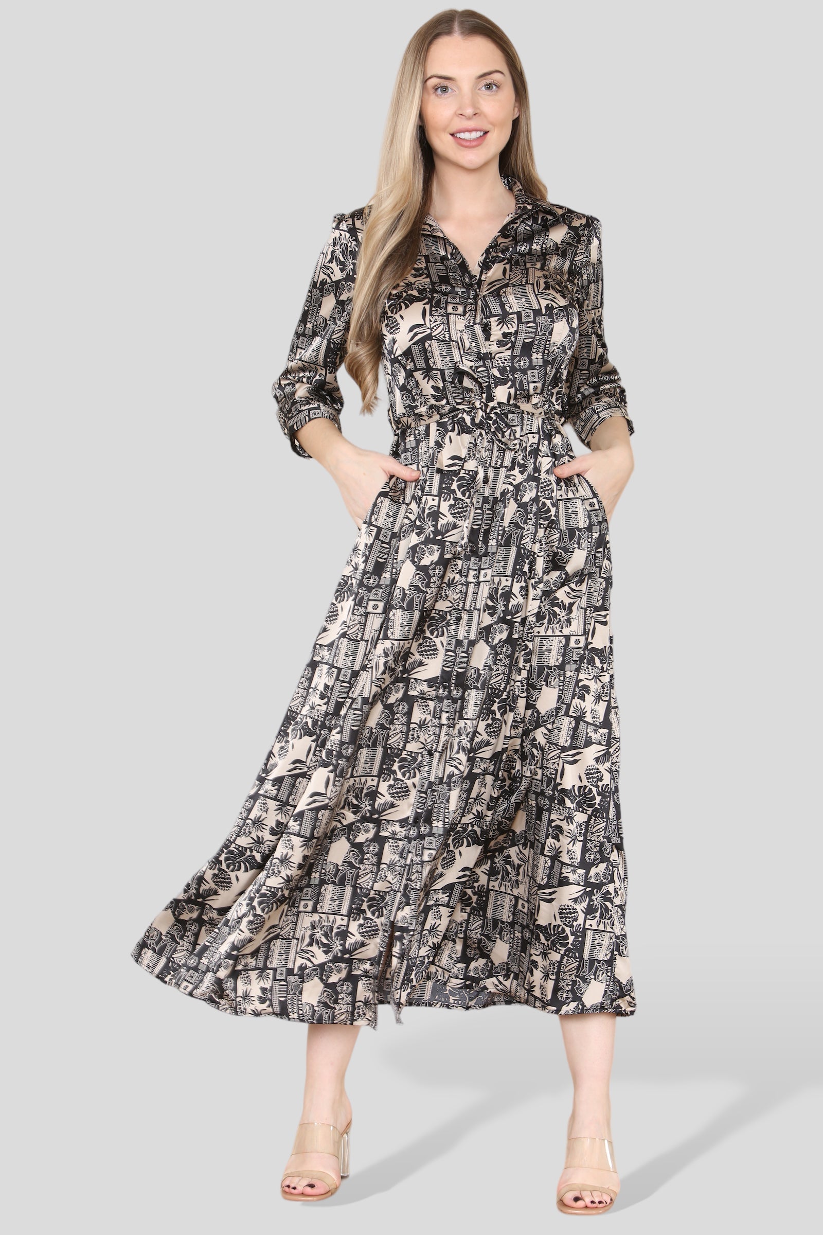 Love Sunshine Mono Mixed Scarf Print Maxi Shirt Dress LS-2280