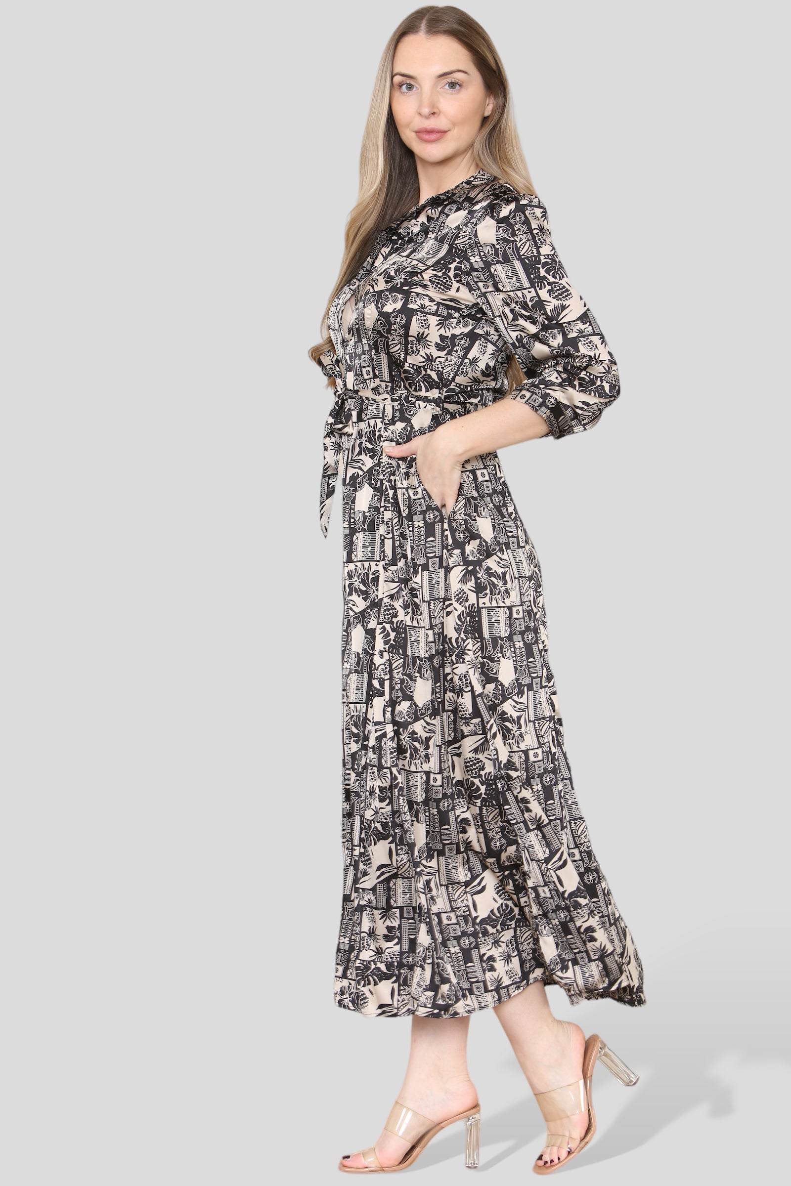 Love Sunshine Mono Mixed Scarf Print Maxi Shirt Dress LS-2280