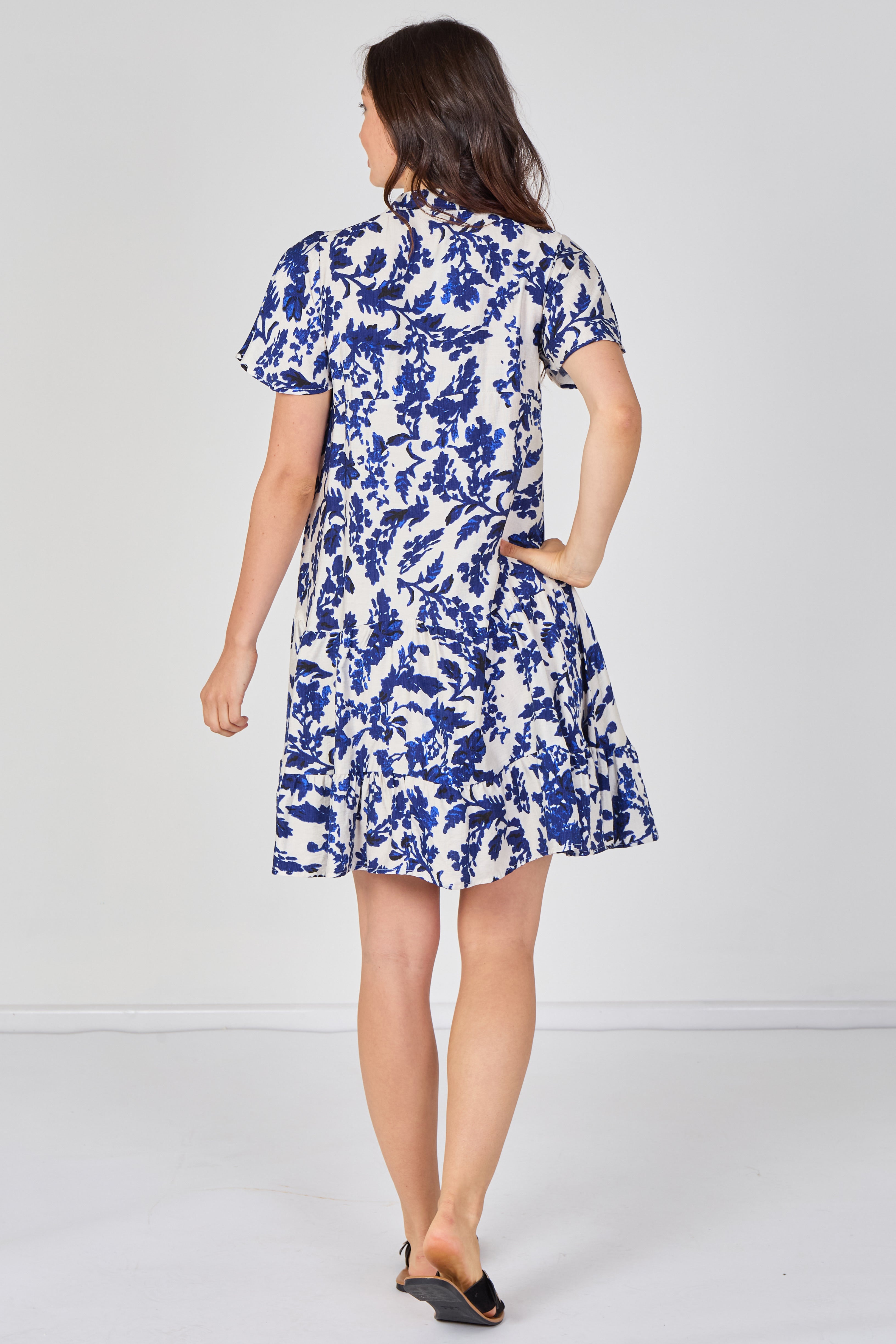 8Pcs Blue Floral Print Tiered Mini Dress