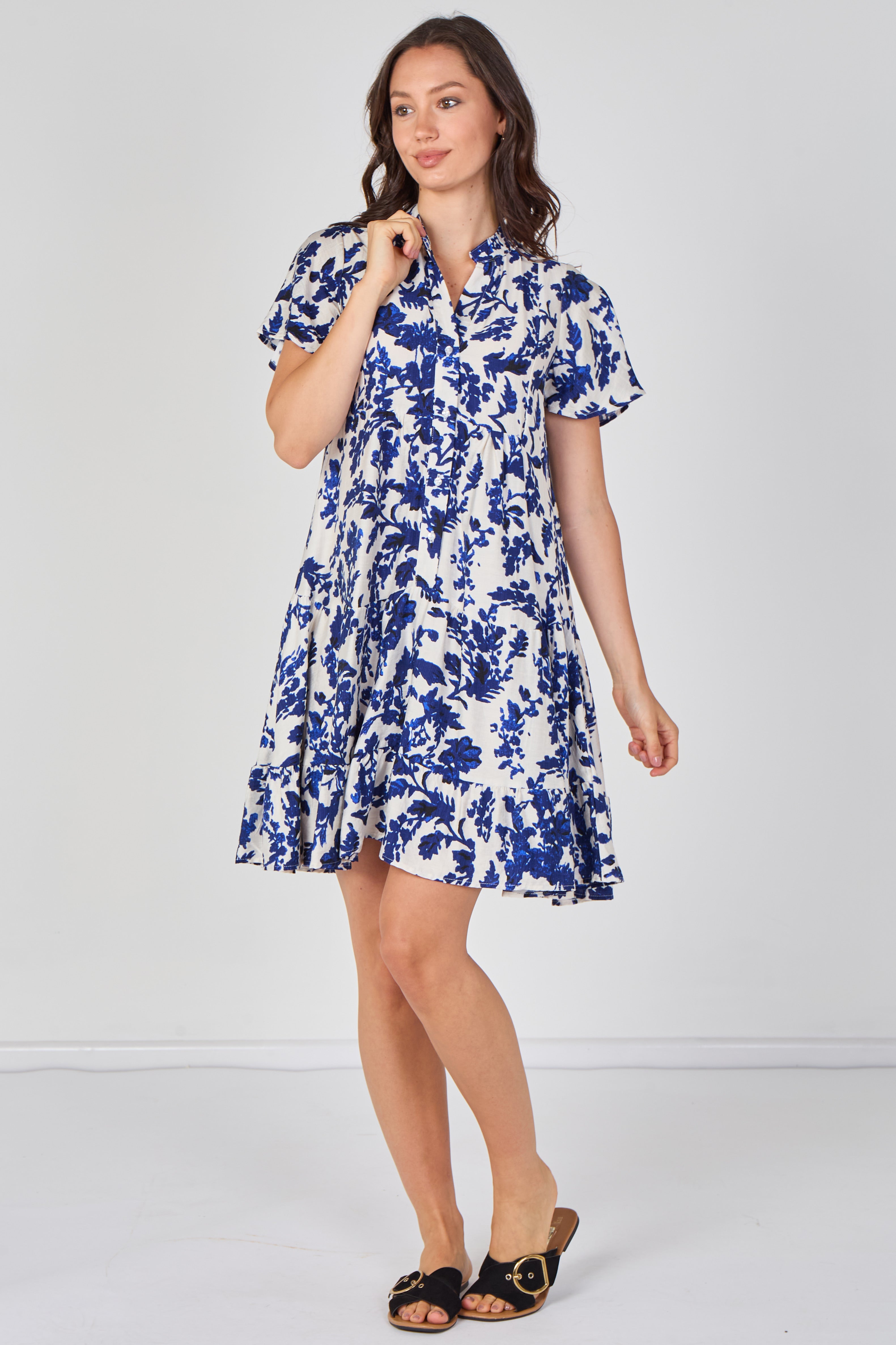 8Pcs Blue Floral Print Tiered Mini Dress