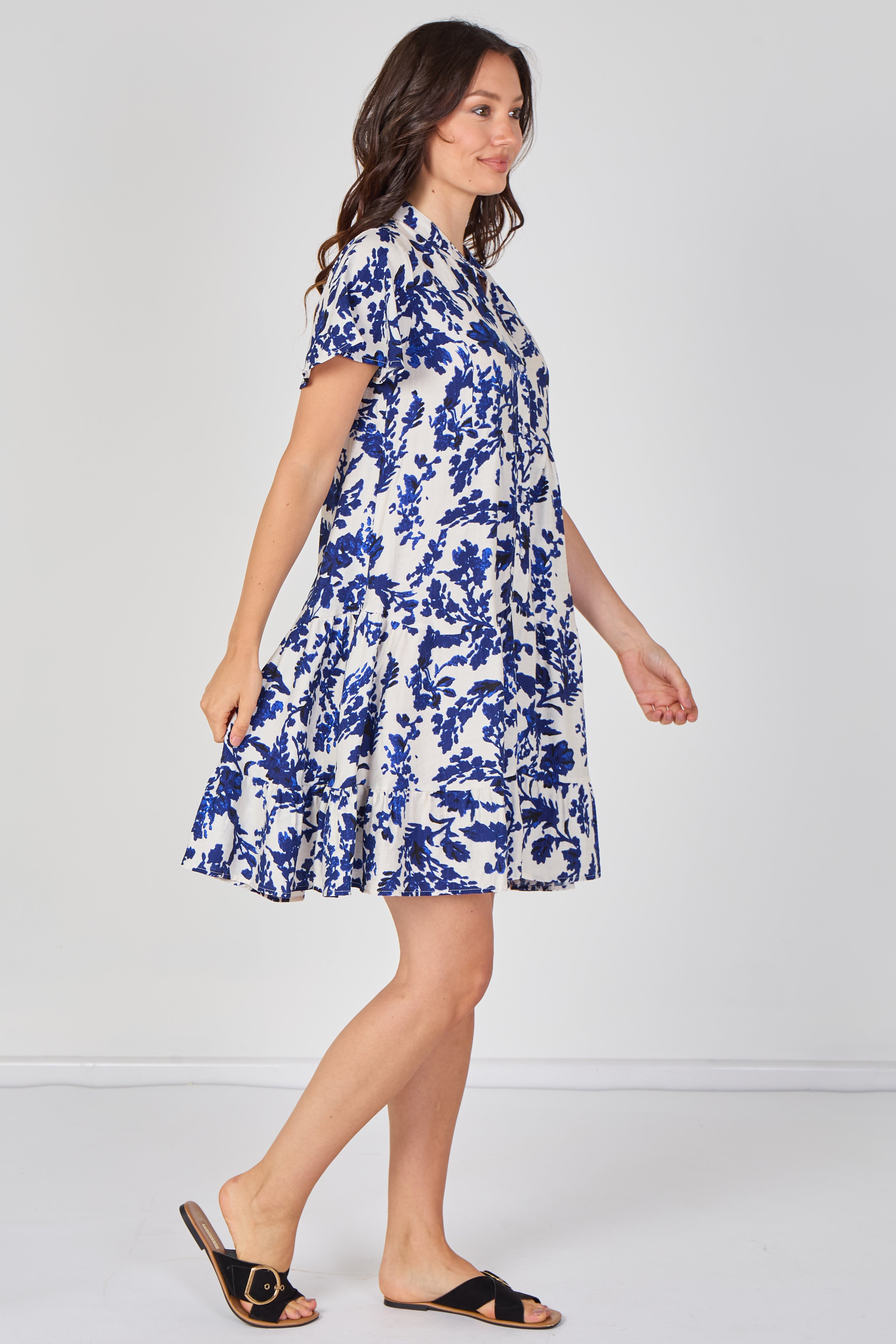 8Pcs Blue Floral Print Tiered Mini Dress