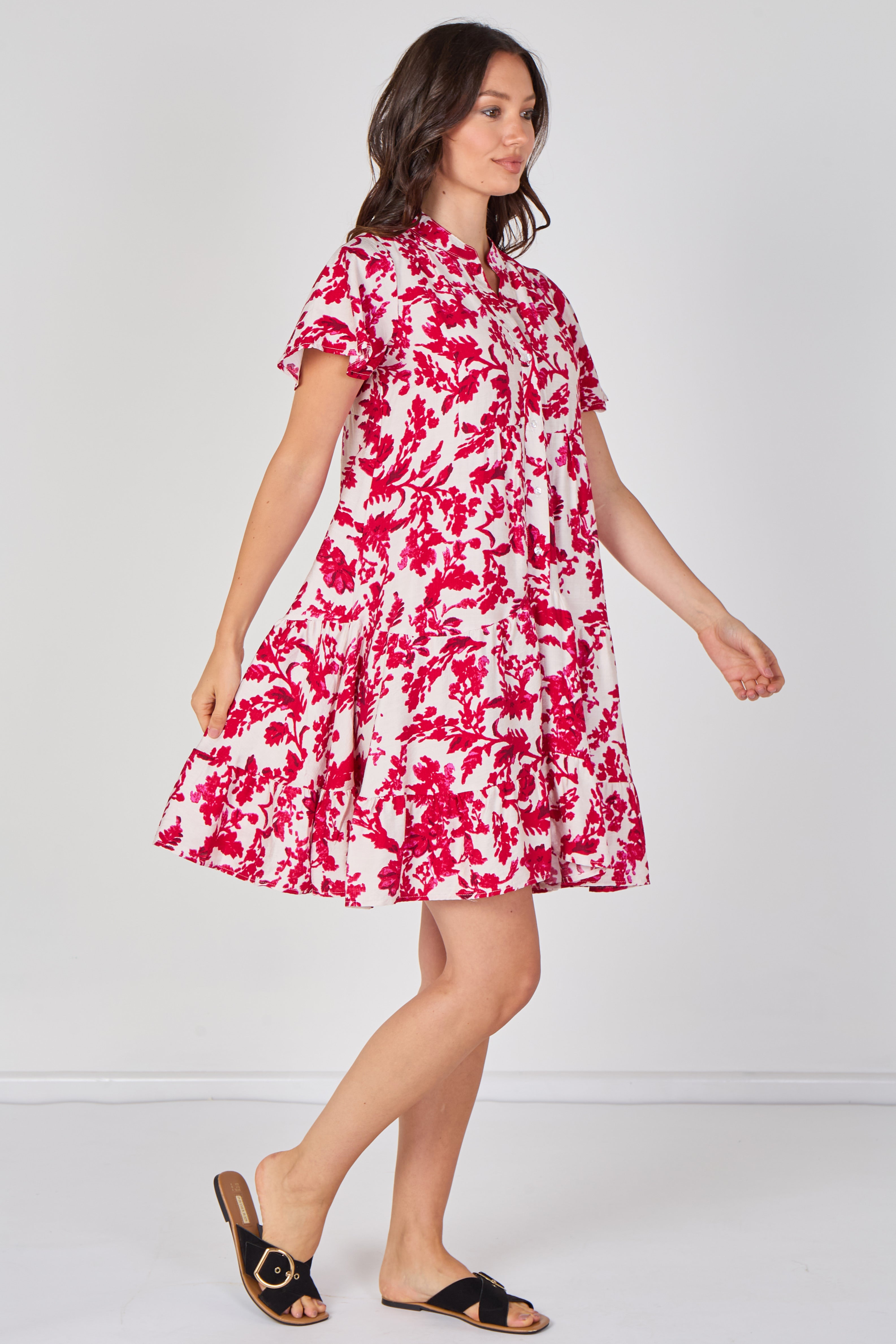 8Pcs Fuchsia Floral Print Tiered Mini Dress