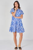 8Pcs Blue Leaf Pattern Print Tiered Mini Dress