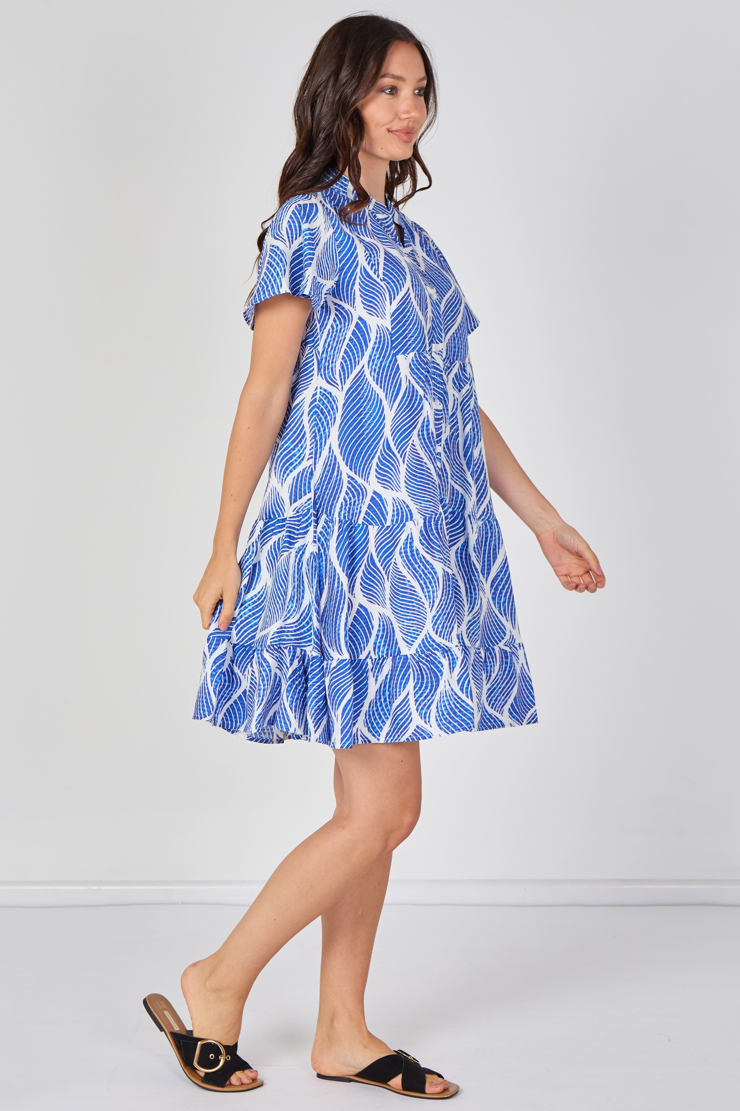 8Pcs Blue Leaf Pattern Print Tiered Mini Dress
