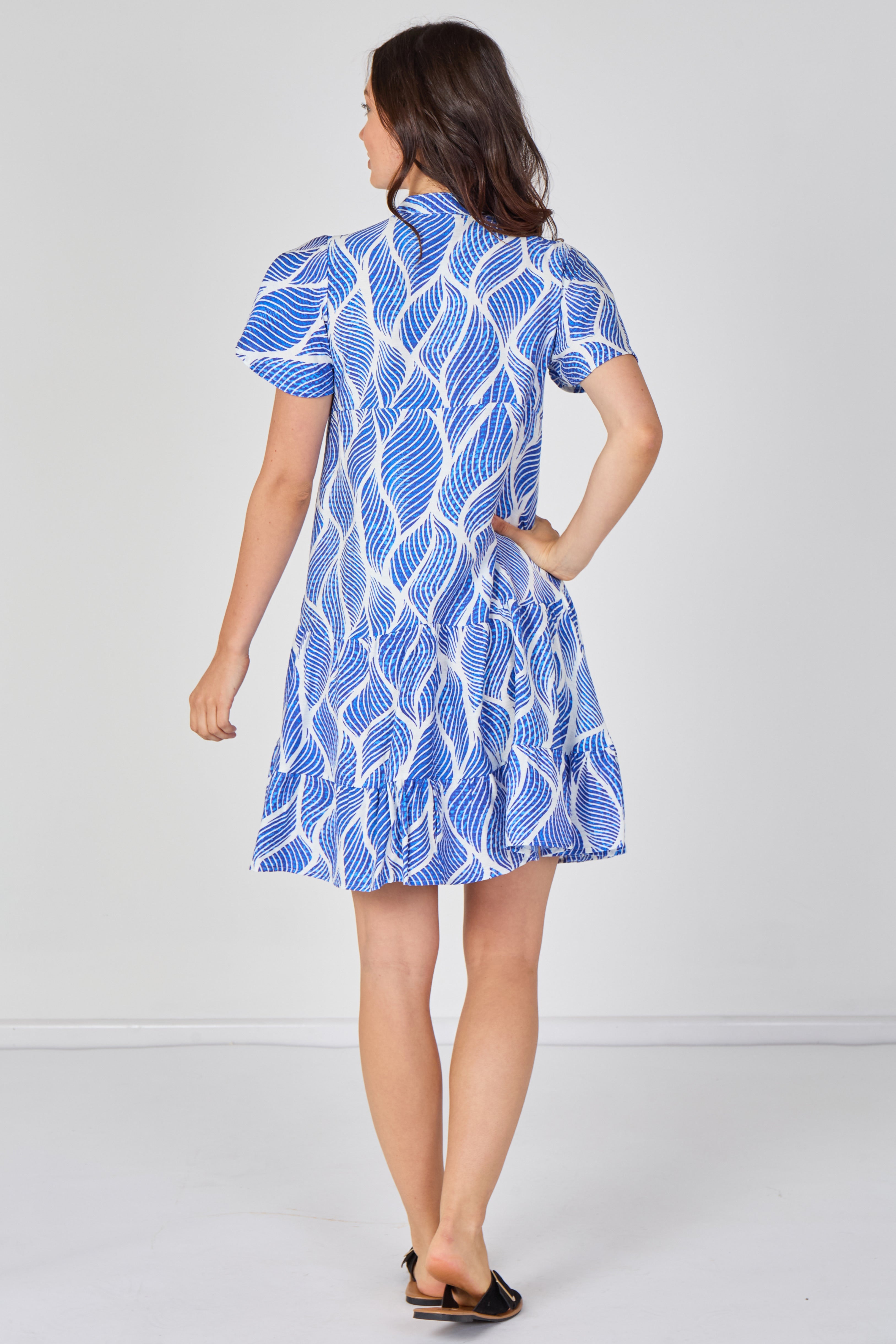 8Pcs Blue Leaf Pattern Print Tiered Mini Dress