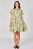 8Pcs Sage Leaf Pattern Print Tiered Mini Dress