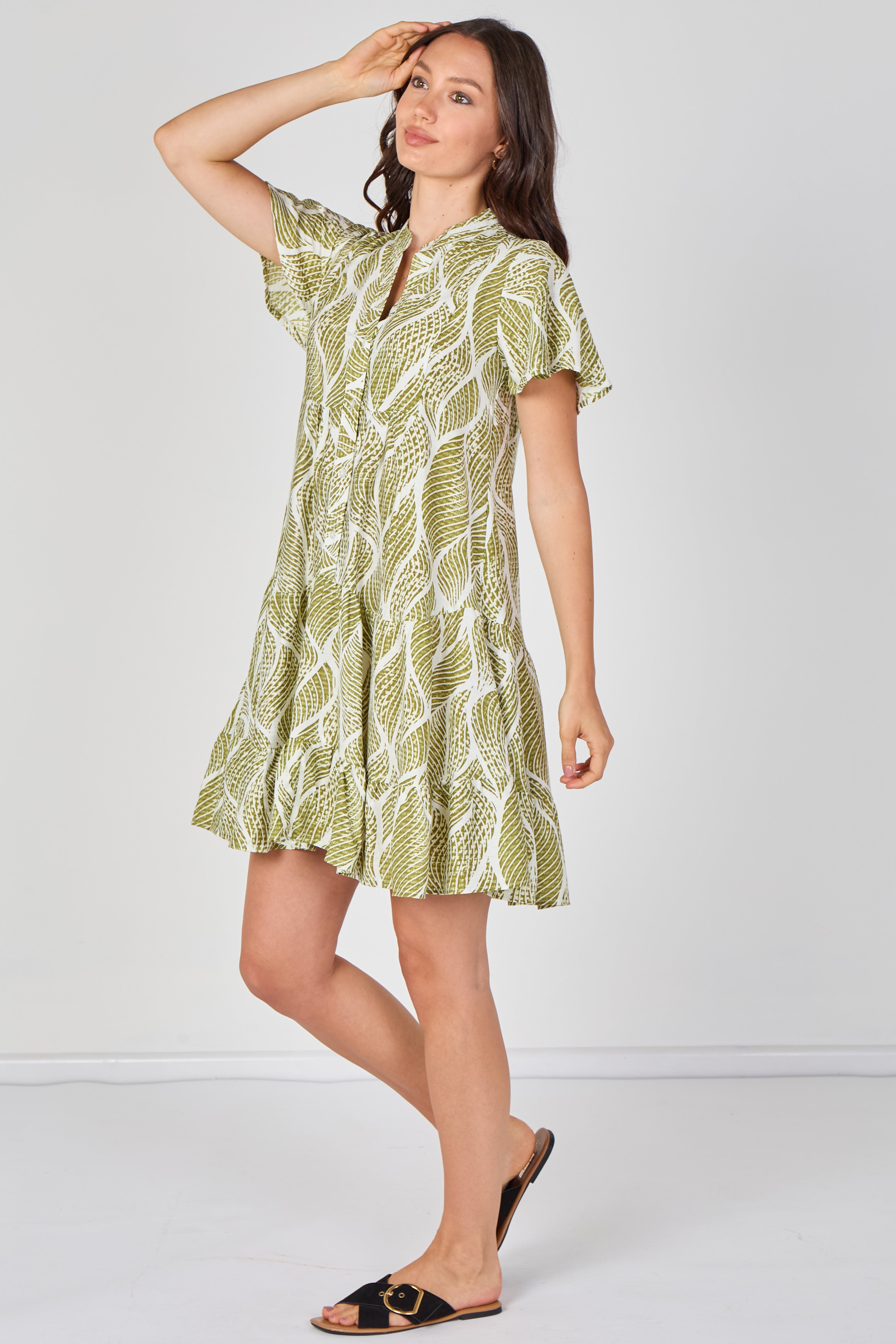 8Pcs Sage Leaf Pattern Print Tiered Mini Dress